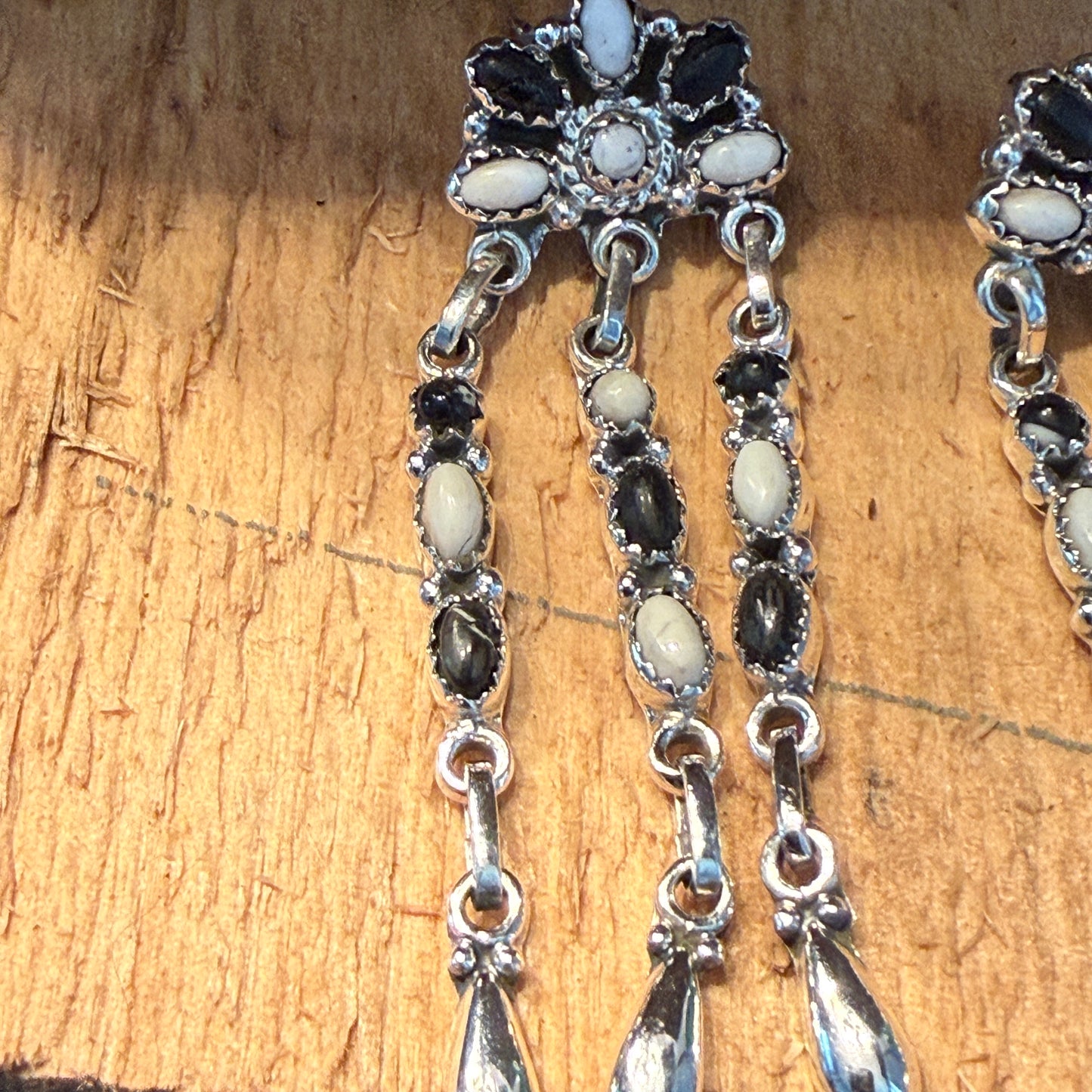 Handcrafted White Buffalo Dahlia Cluster Dangle Earrings Sterling Silver Wild West Boho