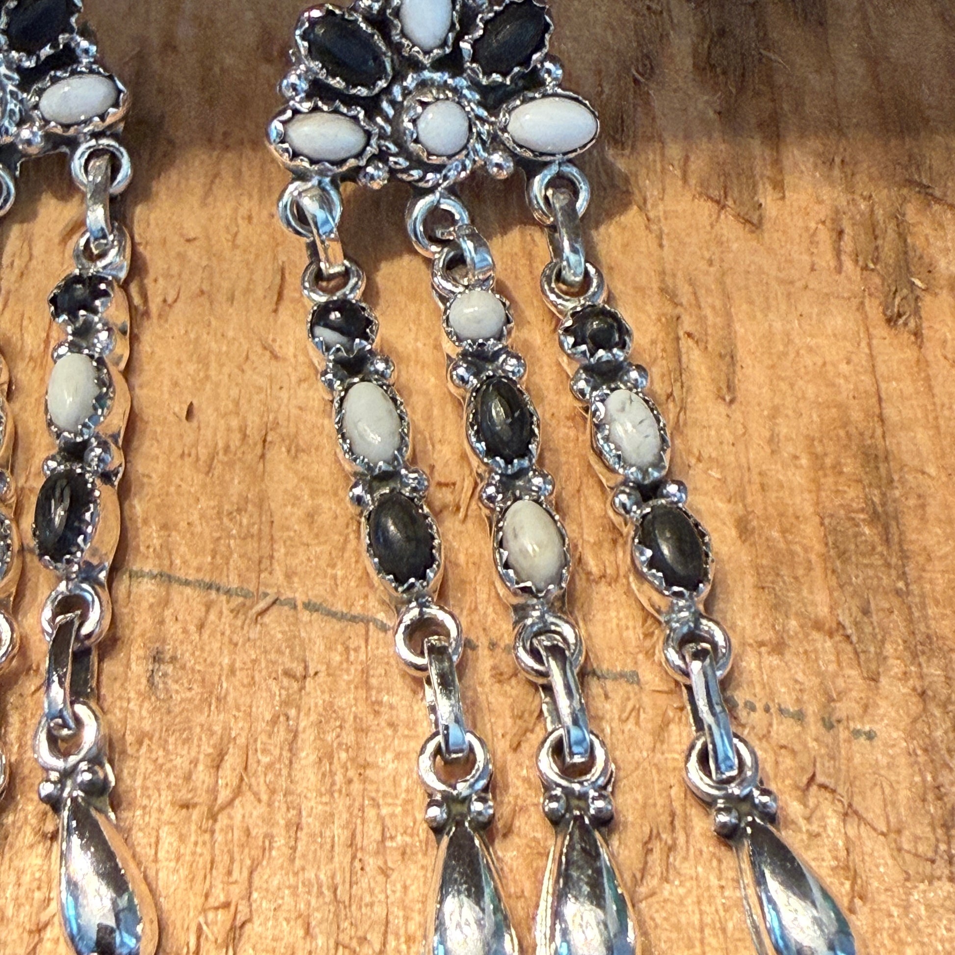 Handcrafted White Buffalo Dahlia Cluster Dangle Earrings Sterling Silver Wild West Boho
