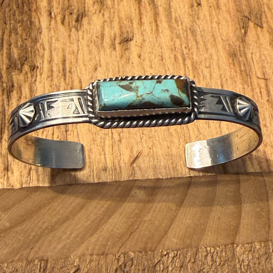 Rick Enriquez Signed Navajo Style Turquoise Dahlia Gemstone Cuff Bangle in Sterling Silver Wild West Boho