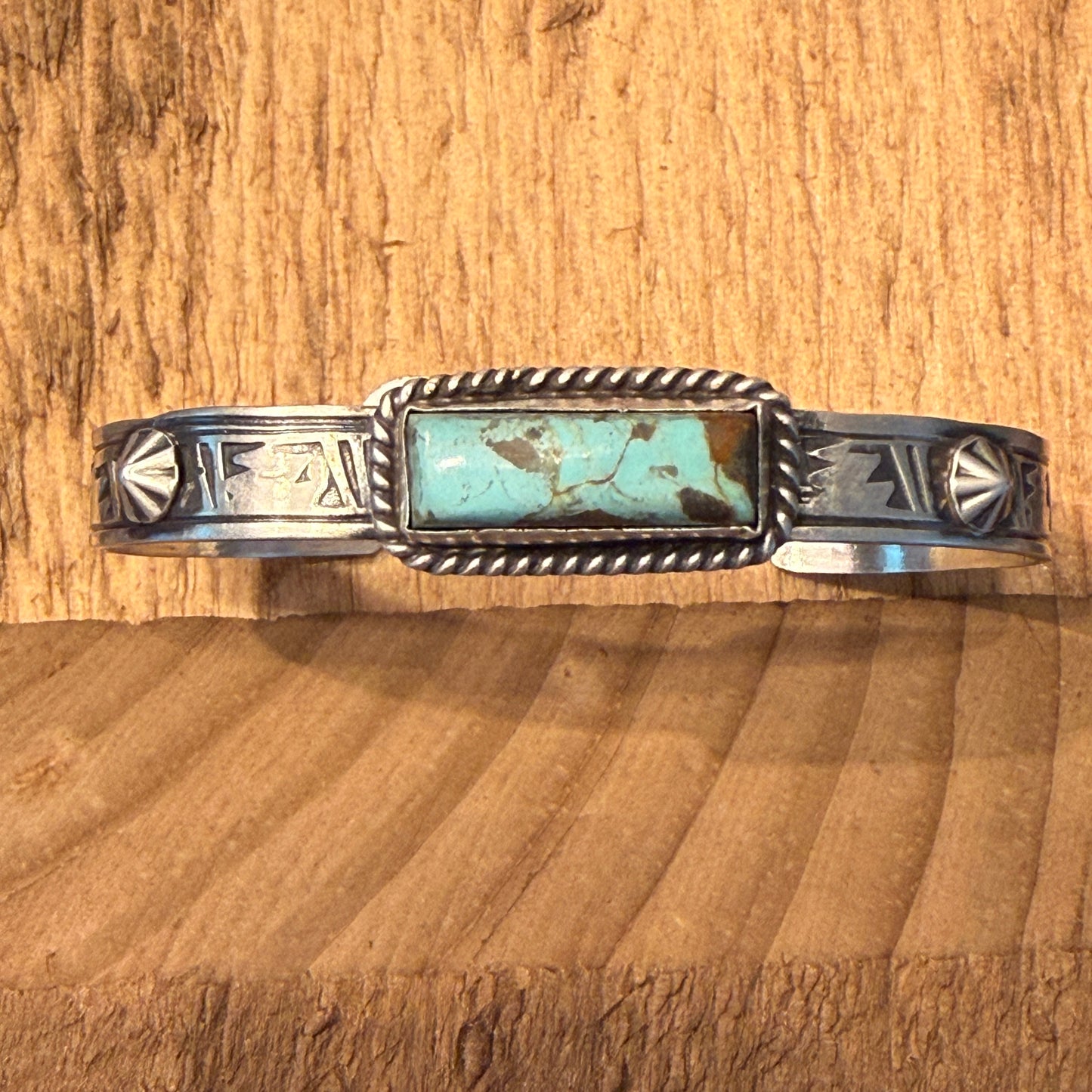 Rick Enriquez Signed Navajo Style Turquoise Dahlia Gemstone Cuff Bangle in Sterling Silver Wild West Boho