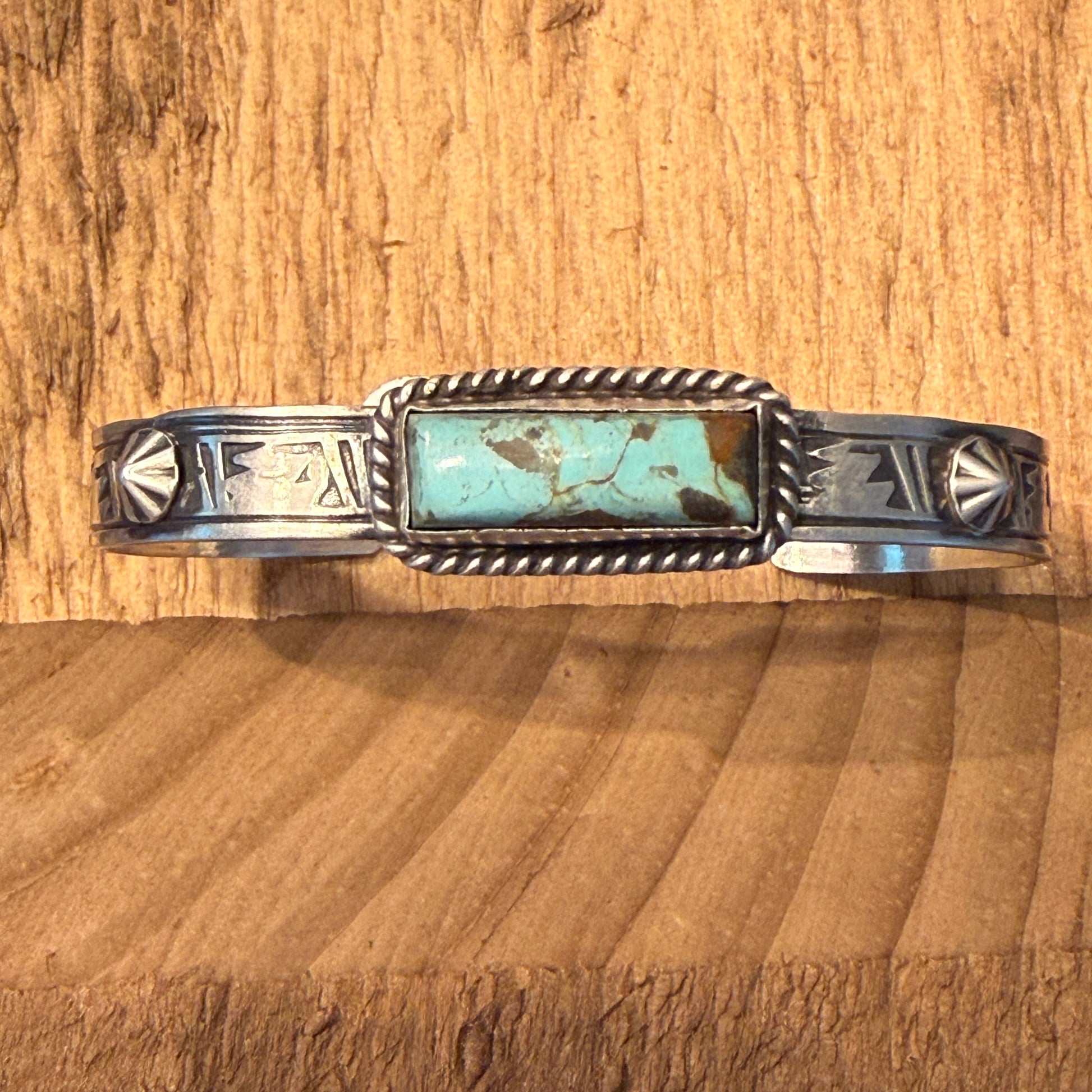 Rick Enriquez Signed Navajo Style Turquoise Dahlia Gemstone Cuff Bangle in Sterling Silver Wild West Boho