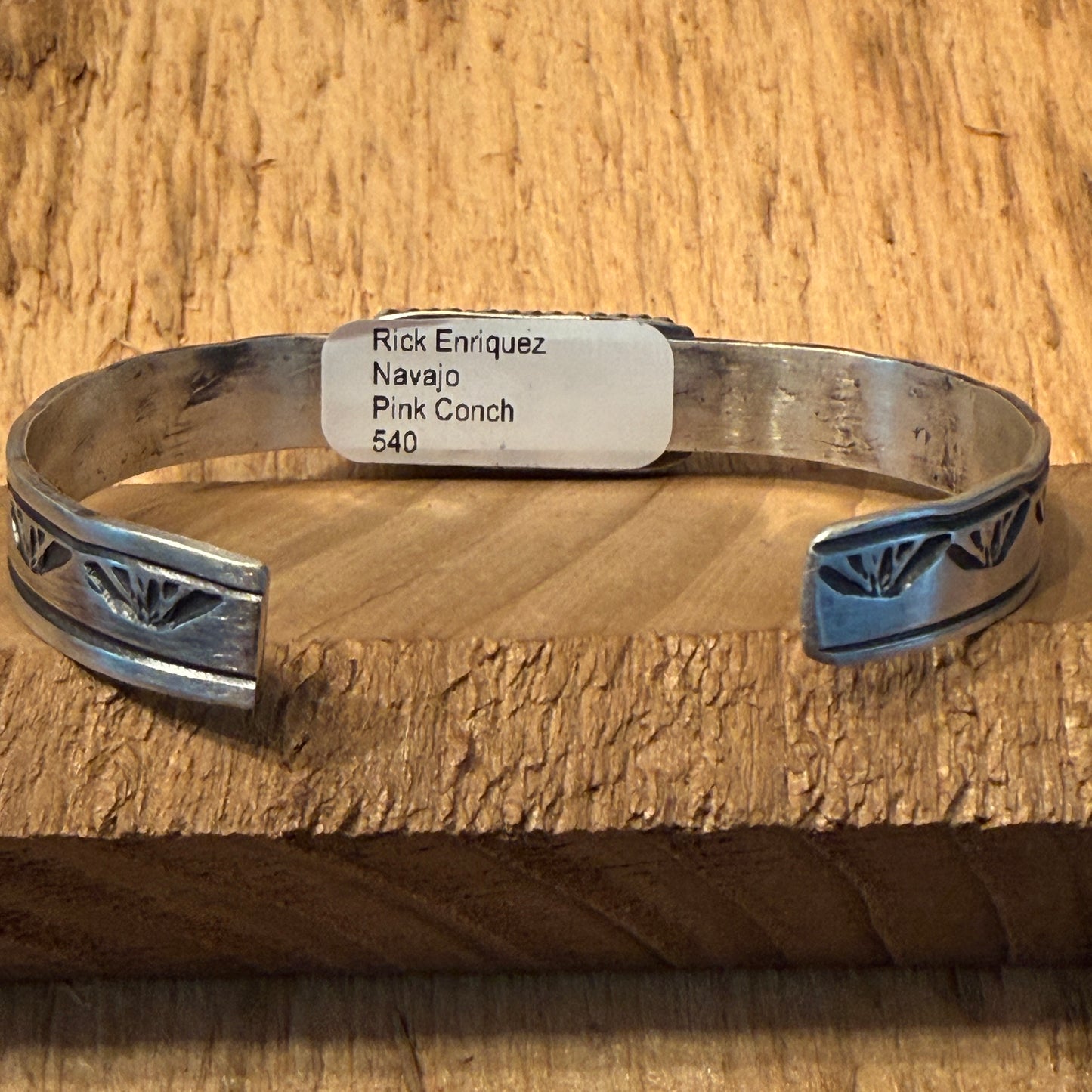 Rick Enriquez Signed Navajo Style Pink Conch Gemstone Cuff Bangle, Sterling Silver Wild West Boho