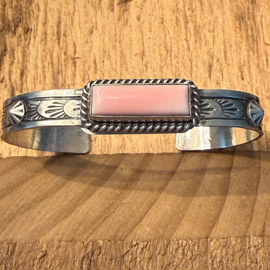 Rick Enriquez Signed Navajo Style Pink Conch Gemstone Sterling Silver Cuff Bangle Wild West Boho