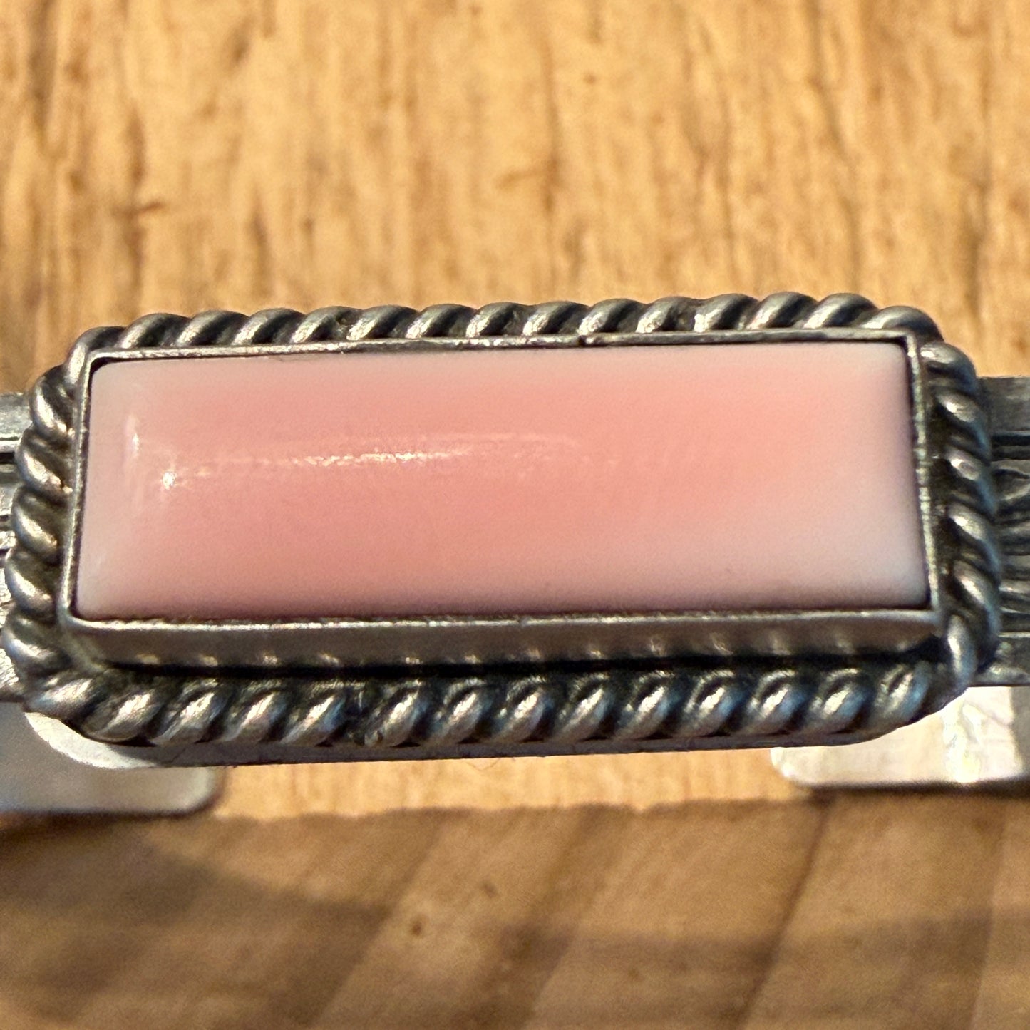 Rick Enriquez Signed Navajo Style Pink Conch Gemstone Sterling Silver Cuff Bangle Wild West Boho