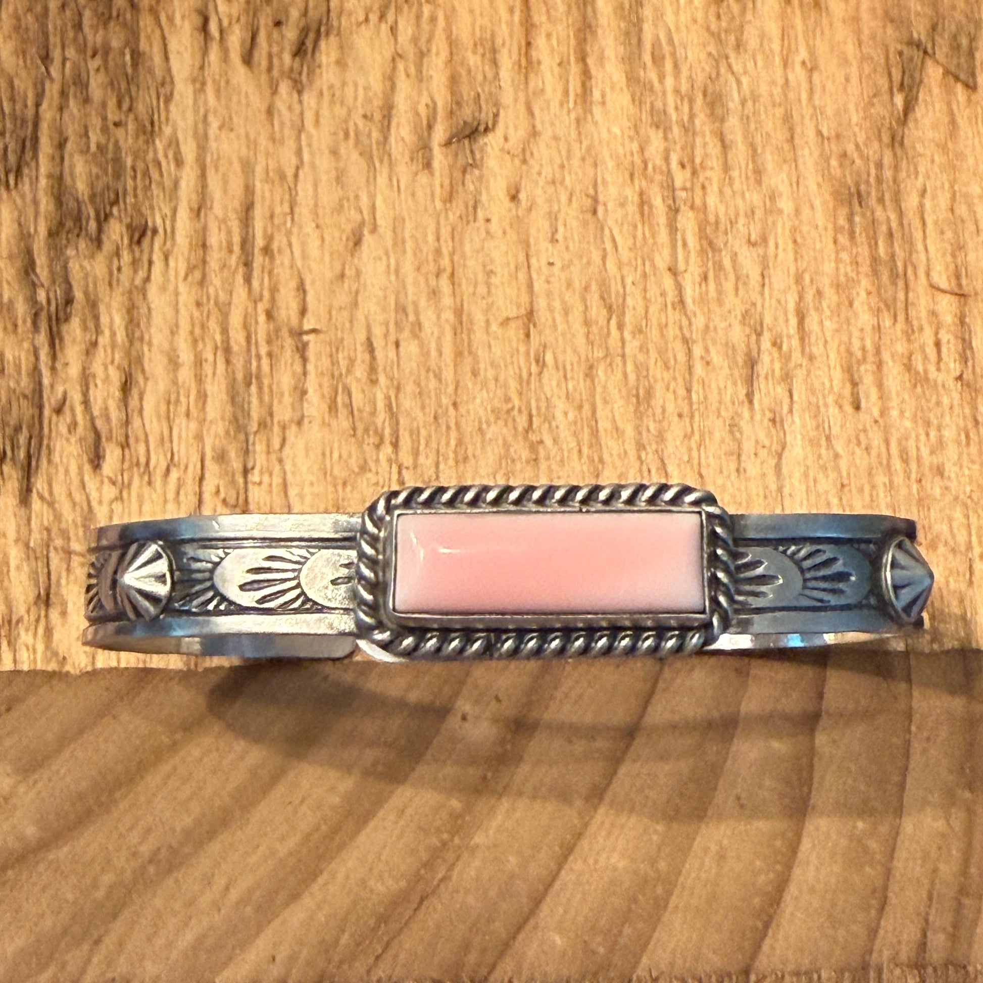 Rick Enriquez Signed Navajo Style Pink Conch Gemstone Sterling Silver Cuff Bangle Wild West Boho