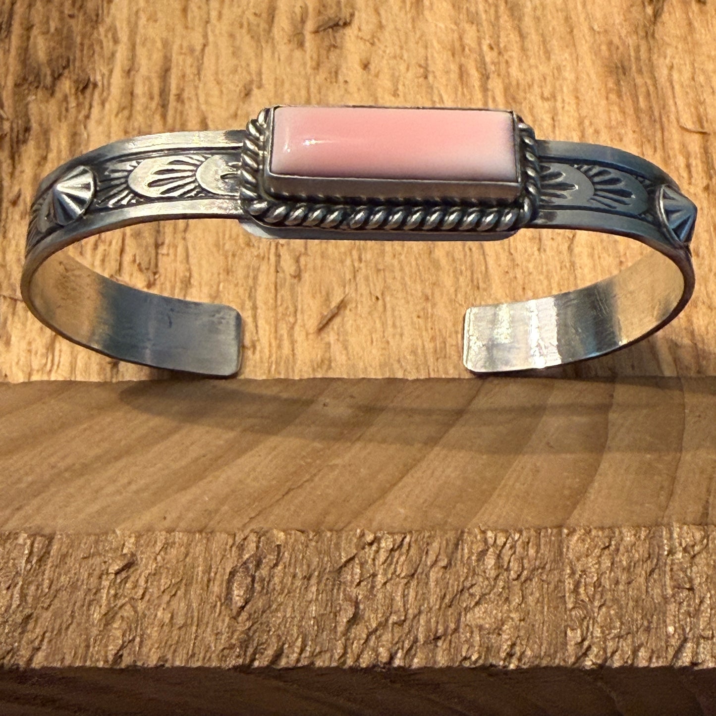 Rick Enriquez Signed Navajo Style Pink Conch Gemstone Sterling Silver Cuff Bangle Wild West Boho