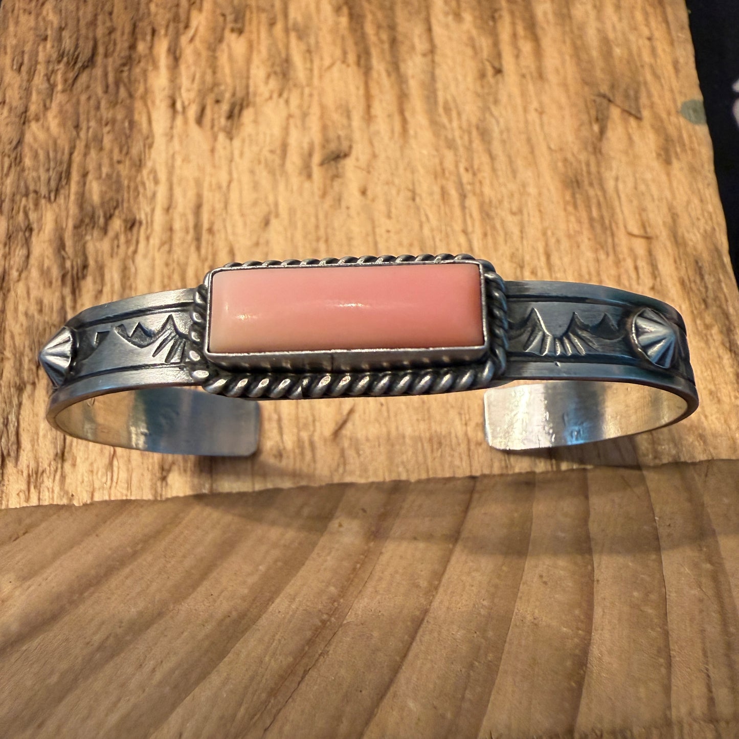 Rick Enriquez Signed Navajo Style Pink Conch Gemstone Cuff Bangle, Sterling Silver Wild West Boho