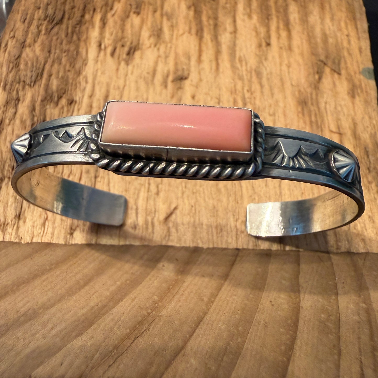 Rick Enriquez Signed Navajo Style Pink Conch Gemstone Cuff Bangle, Sterling Silver Wild West Boho