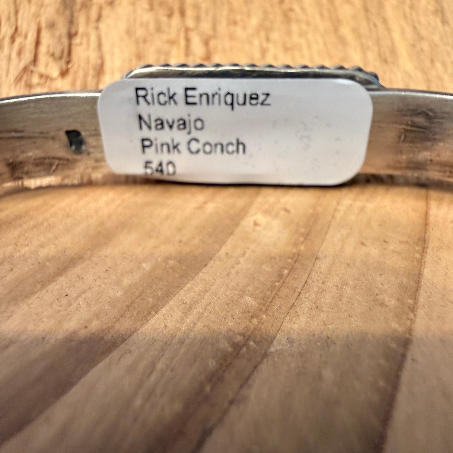 Rick Enriquez Signed Navajo Style Pink Conch Gemstone Cuff Bangle, Sterling Silver Wild West Boho