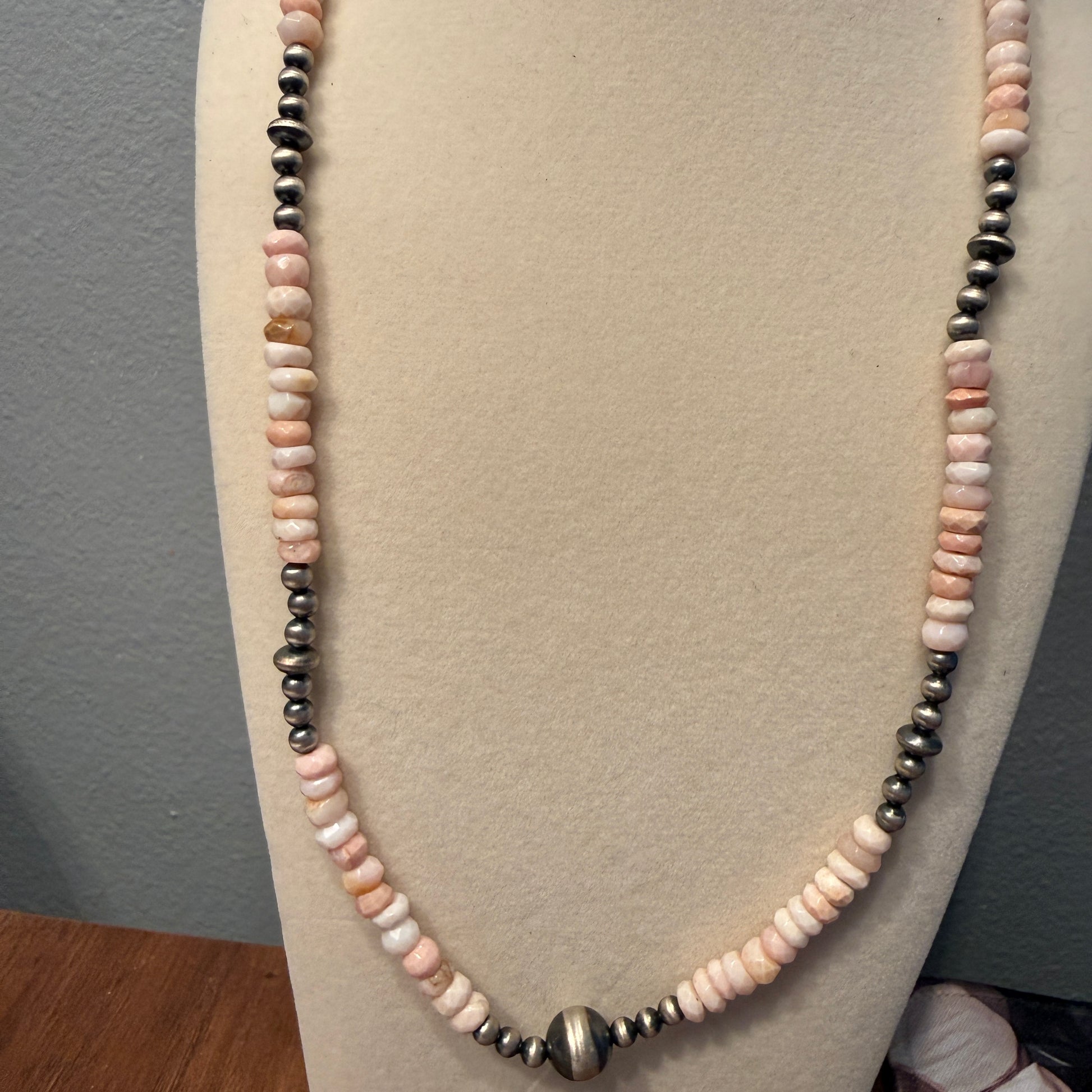 Pink Opal And Sterling Silver Pearl Beads Necklace 20 Inch Wild West Boho