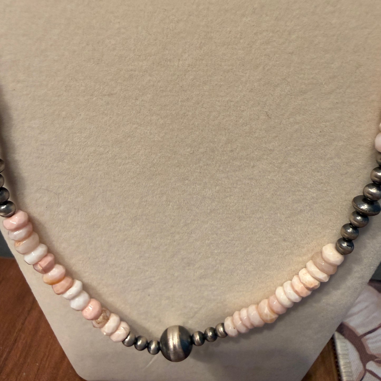 Pink Opal And Sterling Silver Pearl Beads Necklace 20 Inch Wild West Boho
