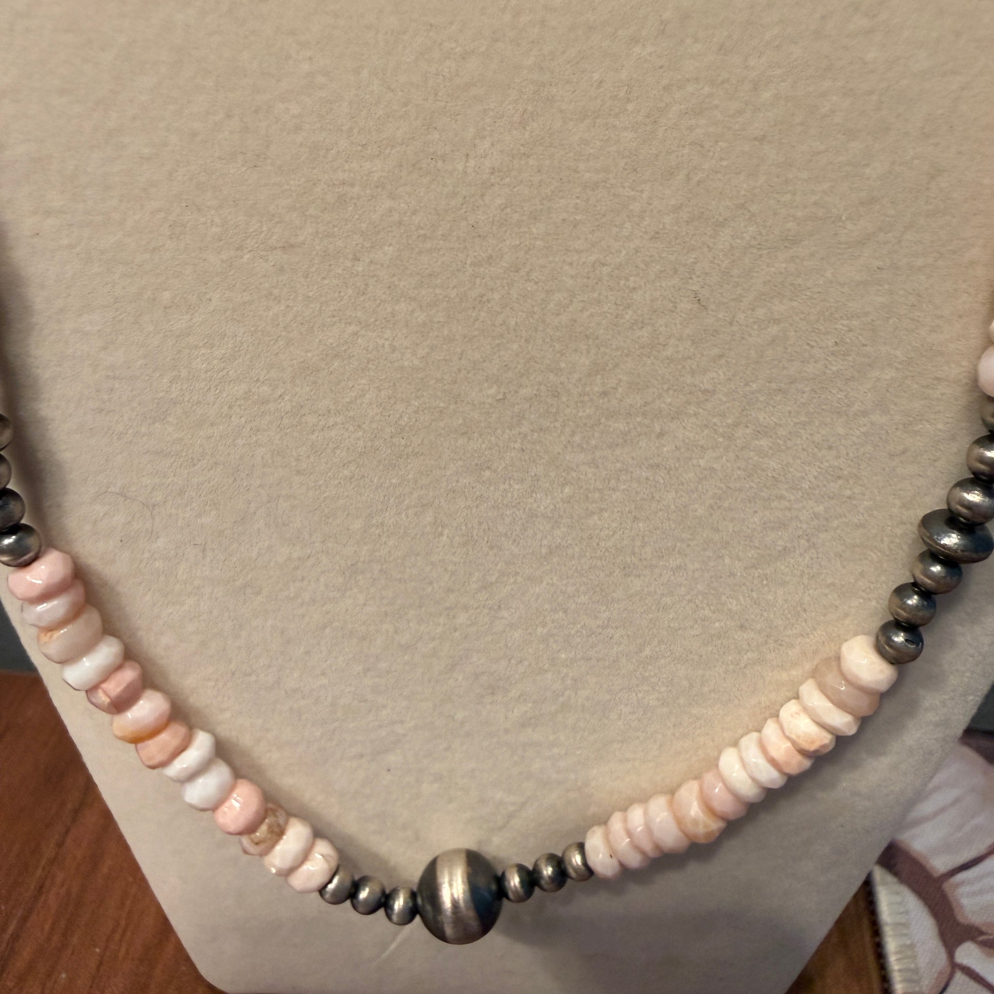 Pink Opal And Sterling Silver Pearl Beads Necklace 20 Inch Wild West Boho
