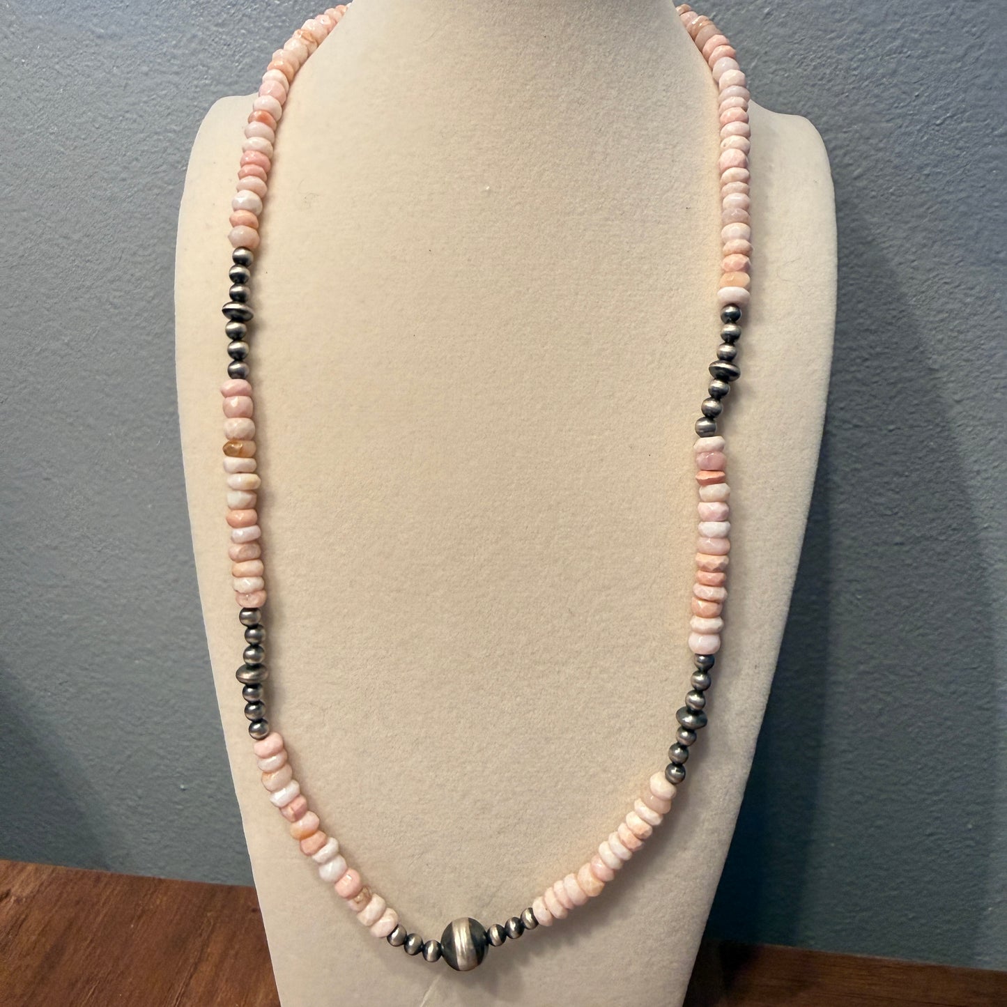 Pink Opal And Sterling Silver Pearl Beads Necklace 20 Inch Wild West Boho