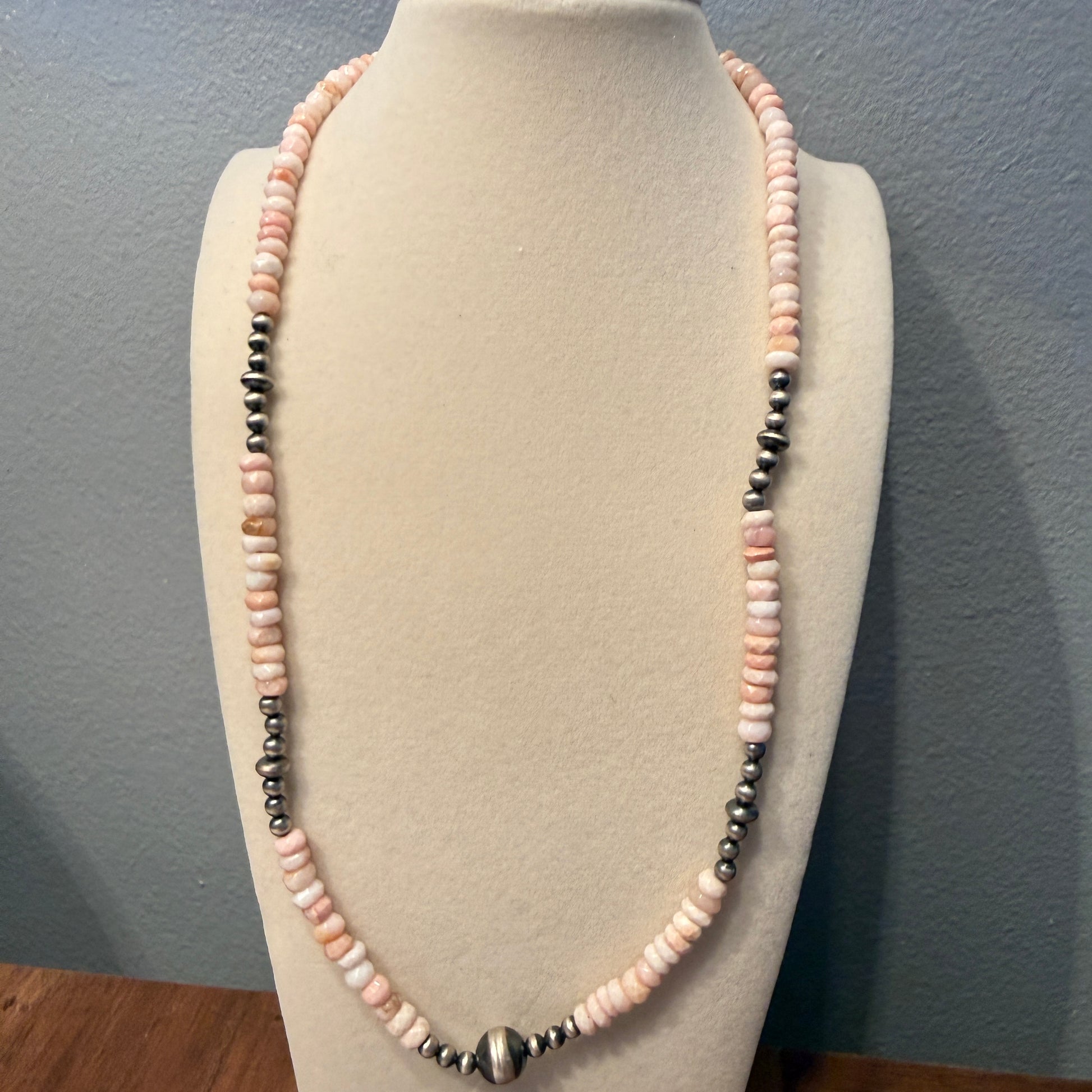 Pink Opal And Sterling Silver Pearl Beads Necklace 20 Inch Wild West Boho