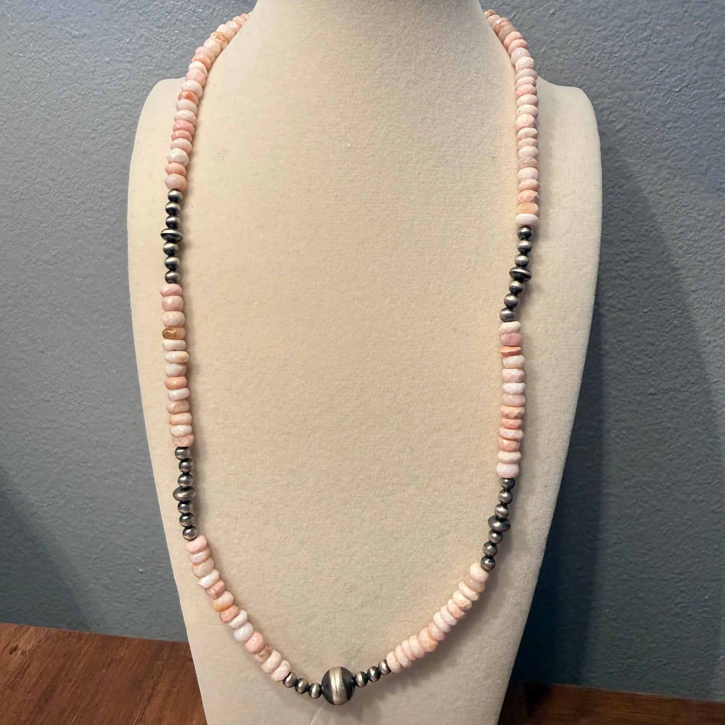 Pink Opal And Sterling Silver Pearl Beads Necklace 20 Inch Wild West Boho
