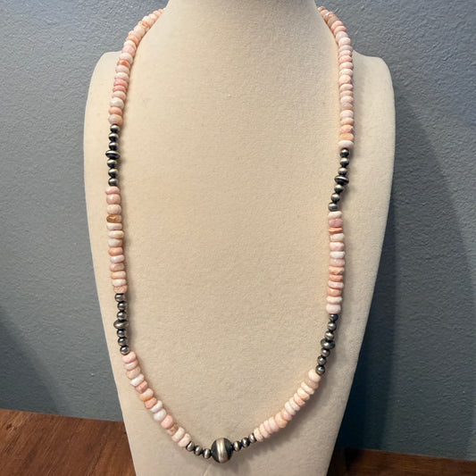 Pink Opal And Sterling Silver Pearl Beads Necklace 20 Inch Wild West Boho
