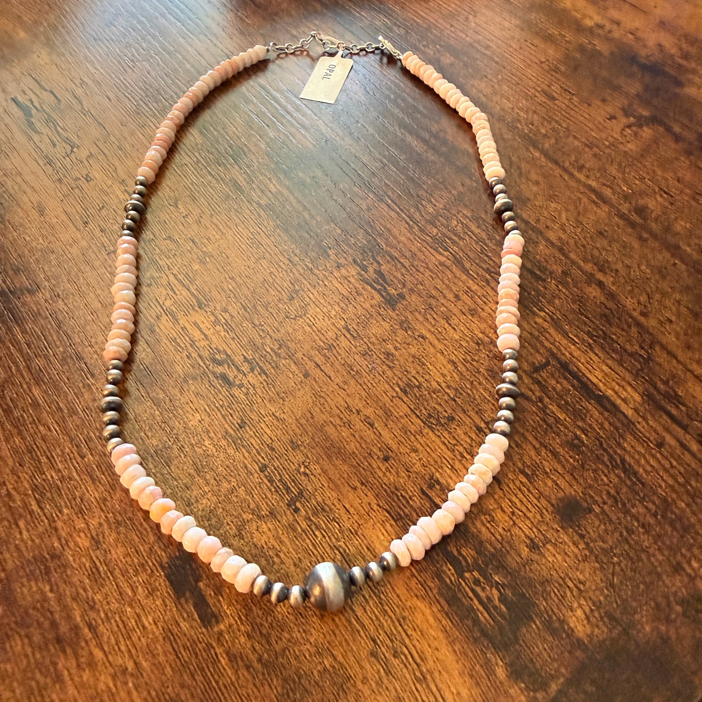 Pink Opal And Sterling Silver Pearl Beads Necklace 20 Inch Wild West Boho