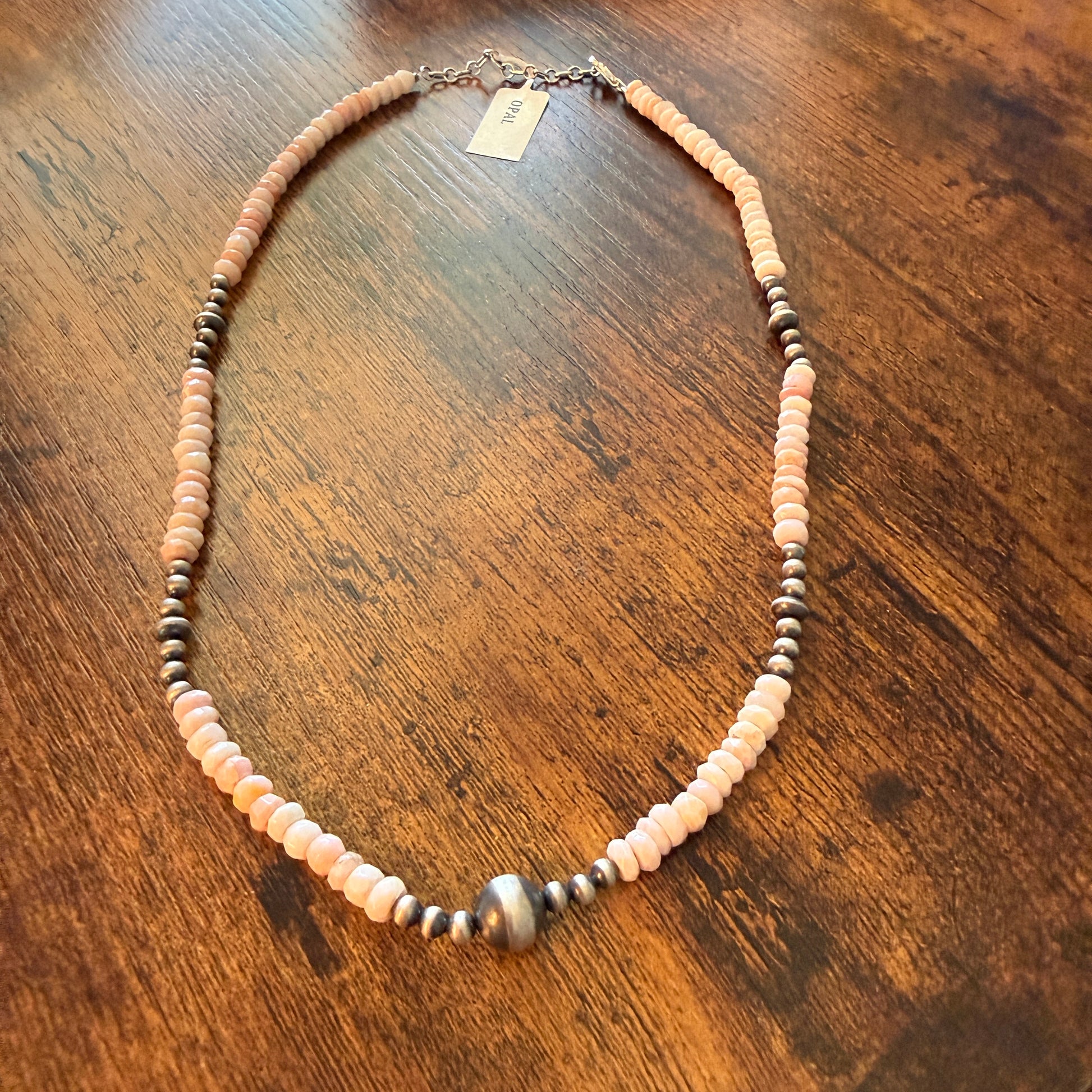 Pink Opal And Sterling Silver Pearl Beads Necklace 20 Inch Wild West Boho