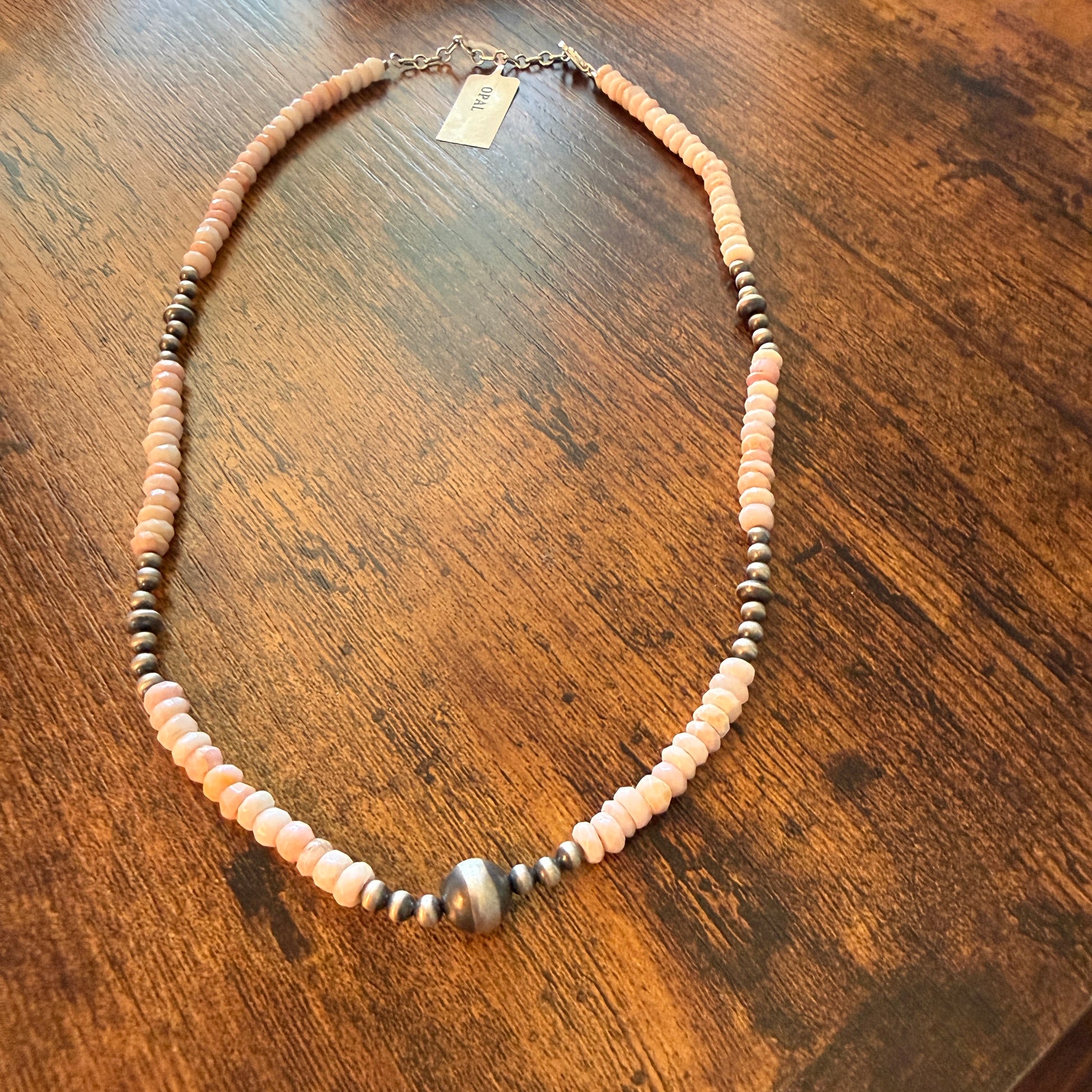 Pink Opal And Sterling Silver Pearl Beads Necklace 20 Inch Wild West Boho
