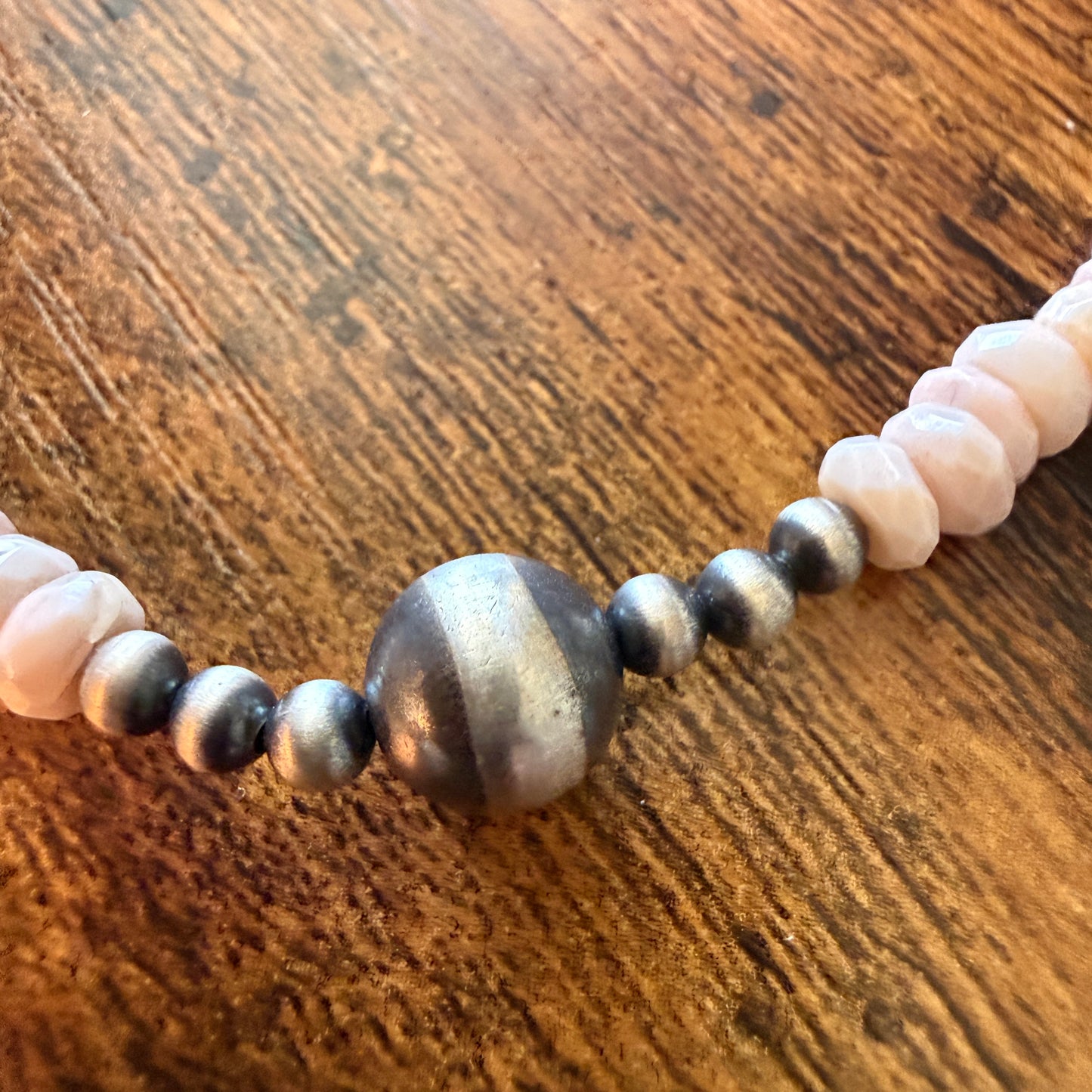 Pink Opal And Sterling Silver Pearl Beads Necklace 20 Inch Wild West Boho