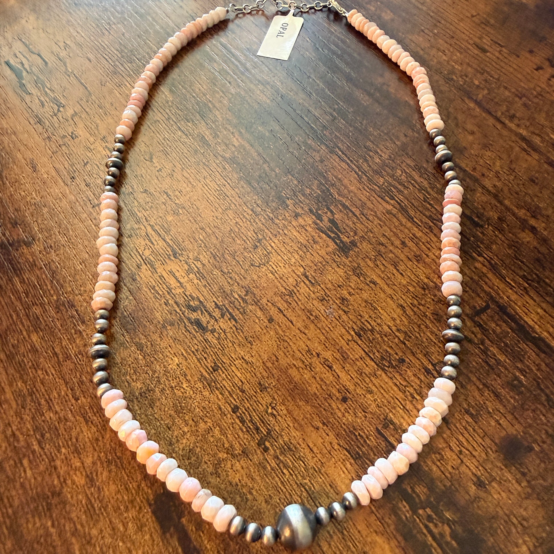 Pink Opal And Sterling Silver Pearl Beads Necklace 20 Inch Wild West Boho