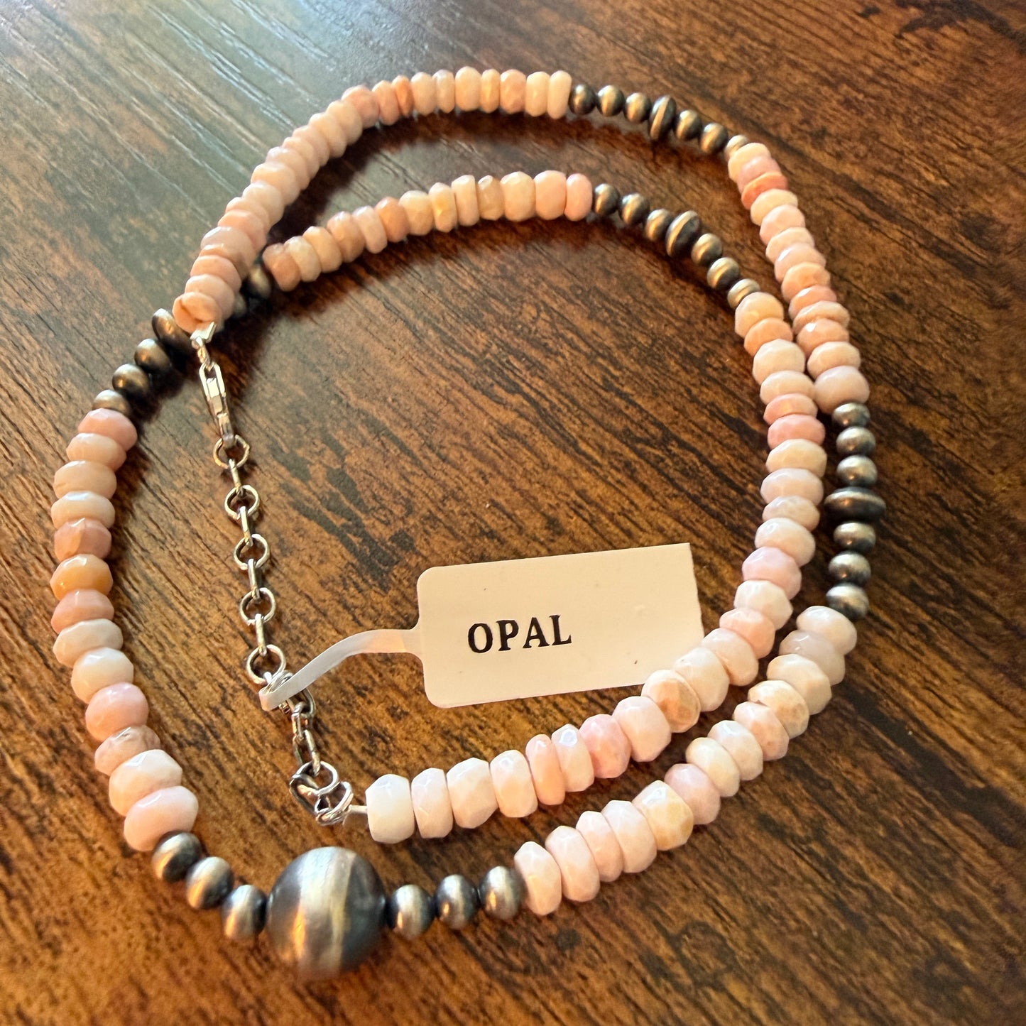 Pink Opal And Sterling Silver Pearl Beads Necklace 20 Inch Wild West Boho