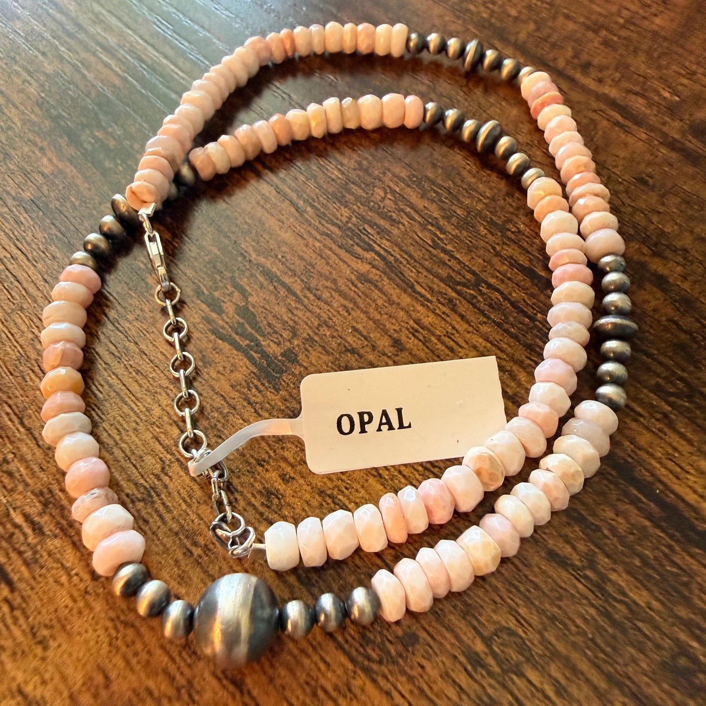 Pink Opal And Sterling Silver Pearl Beads Necklace 20 Inch Wild West Boho