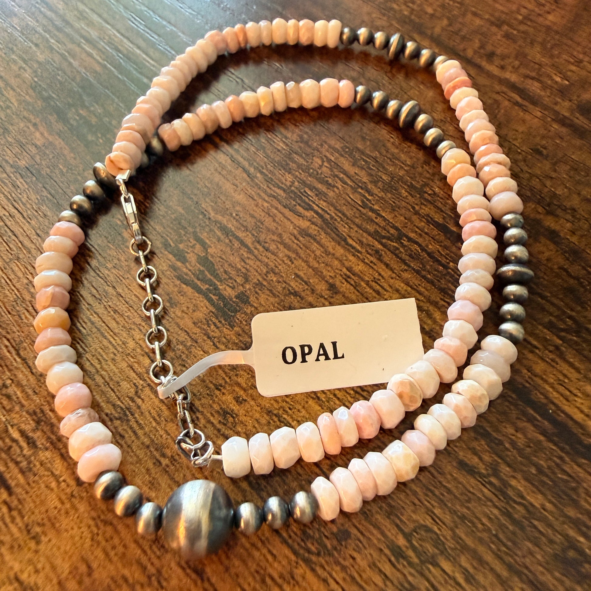 Pink Opal And Sterling Silver Pearl Beads Necklace 20 Inch Wild West Boho