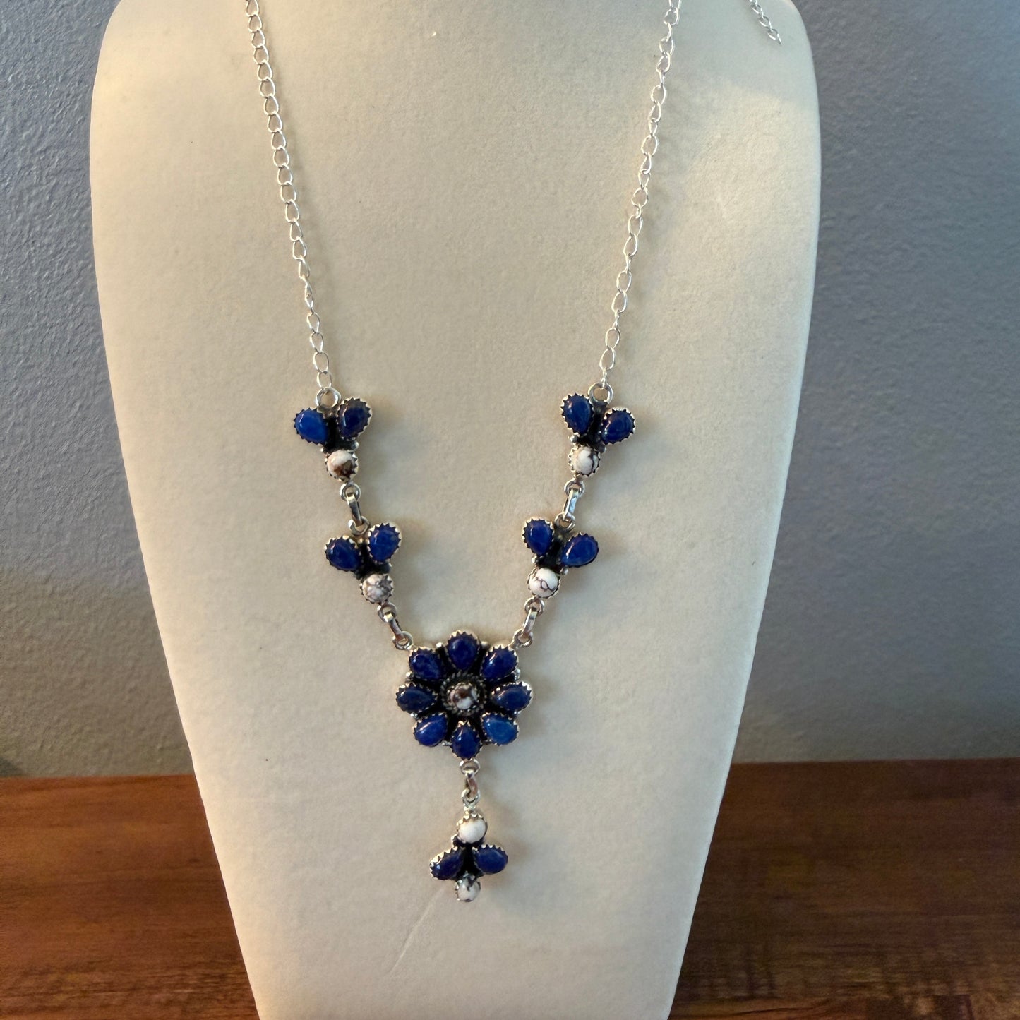 Wild Horse Dahlia Blue Gemstone Lariat Y Necklace Sterling Silver Wild West Boho