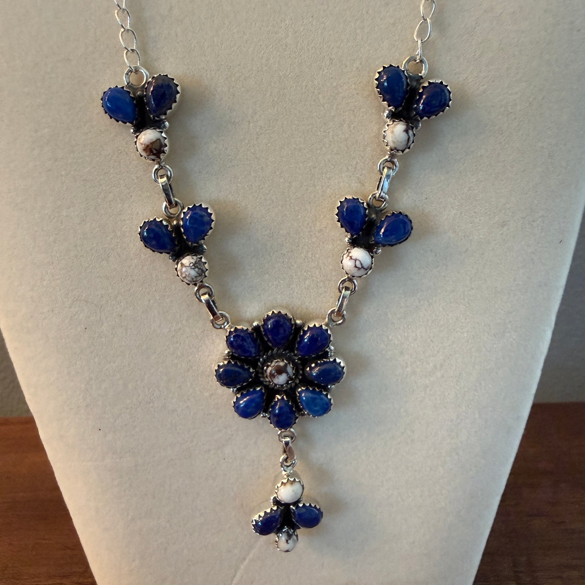 Wild Horse Dahlia Blue Gemstone Lariat Y Necklace Sterling Silver Wild West Boho