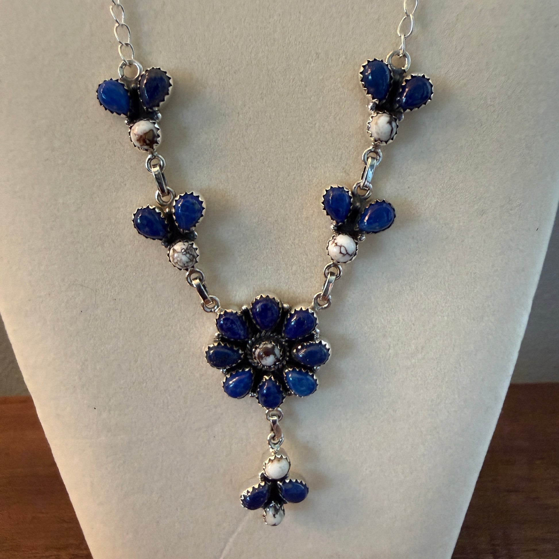 Wild Horse Dahlia Blue Gemstone Lariat Y Necklace Sterling Silver Wild West Boho