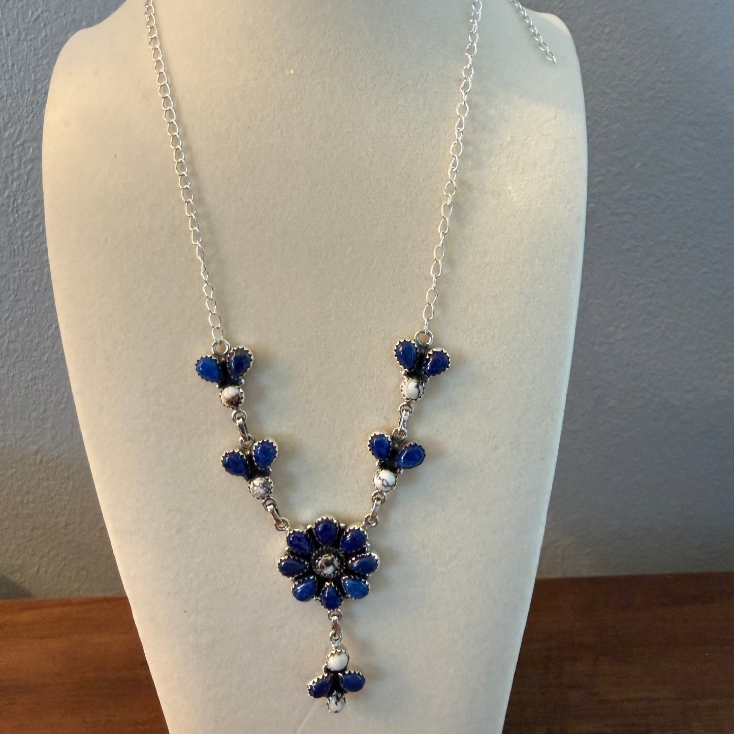 Wild Horse Dahlia Blue Gemstone Lariat Y Necklace Sterling Silver Wild West Boho