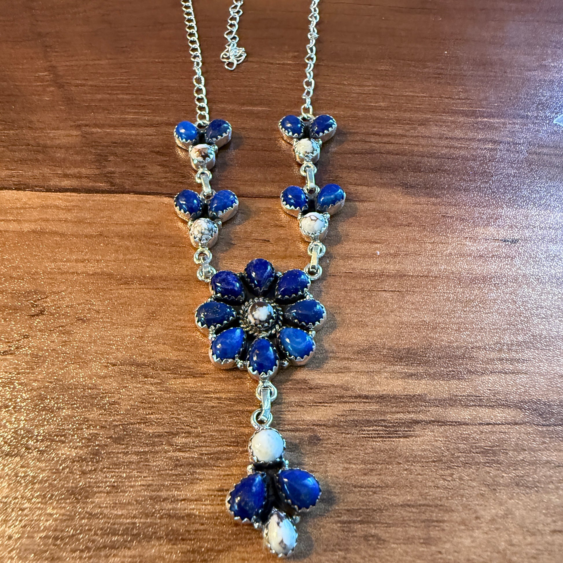 Wild Horse Dahlia Blue Gemstone Lariat Y Necklace Sterling Silver Wild West Boho