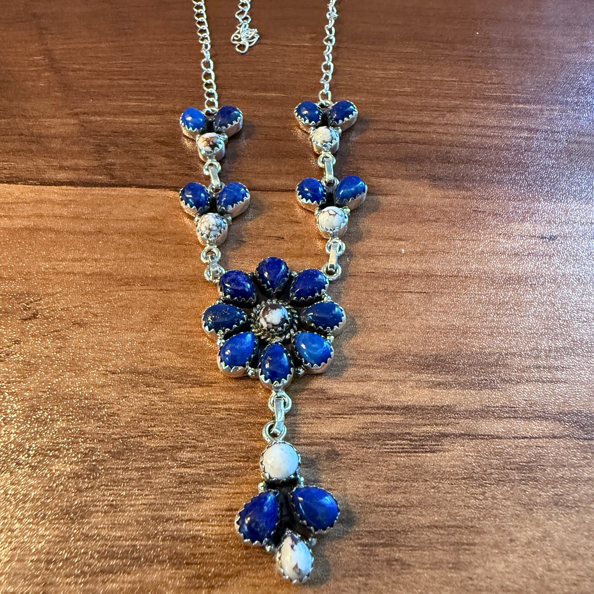 Wild Horse Dahlia Blue Gemstone Lariat Y Necklace Sterling Silver Wild West Boho