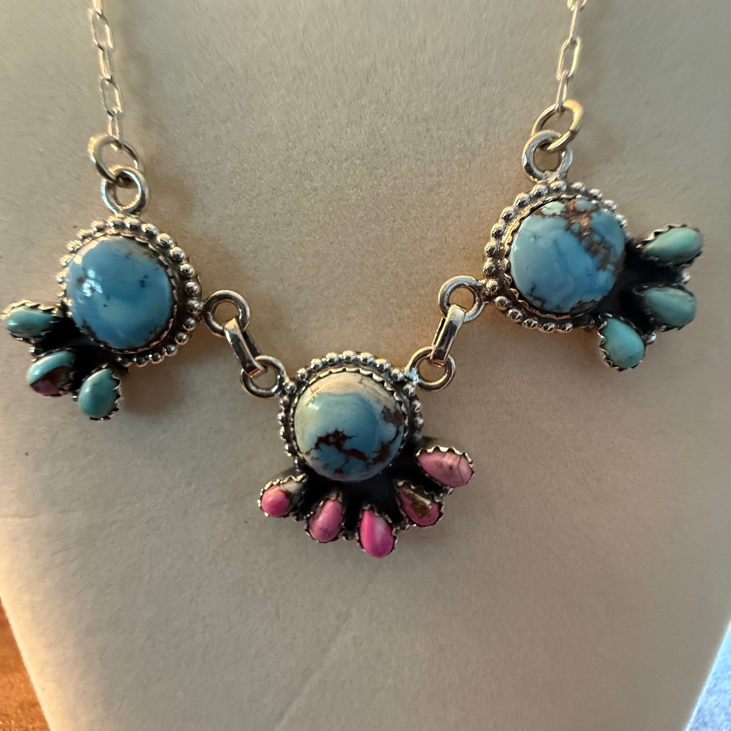 Handcrafted Cotton Candy Dahlia Gemstone Necklace Sterling Silver 16 Inch Chain Wild West Boho