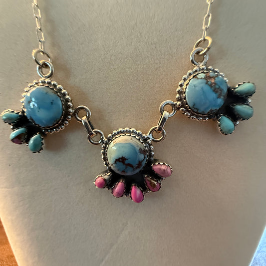 Handcrafted Cotton Candy Dahlia Gemstone Necklace Sterling Silver 16 Inch Chain Wild West Boho