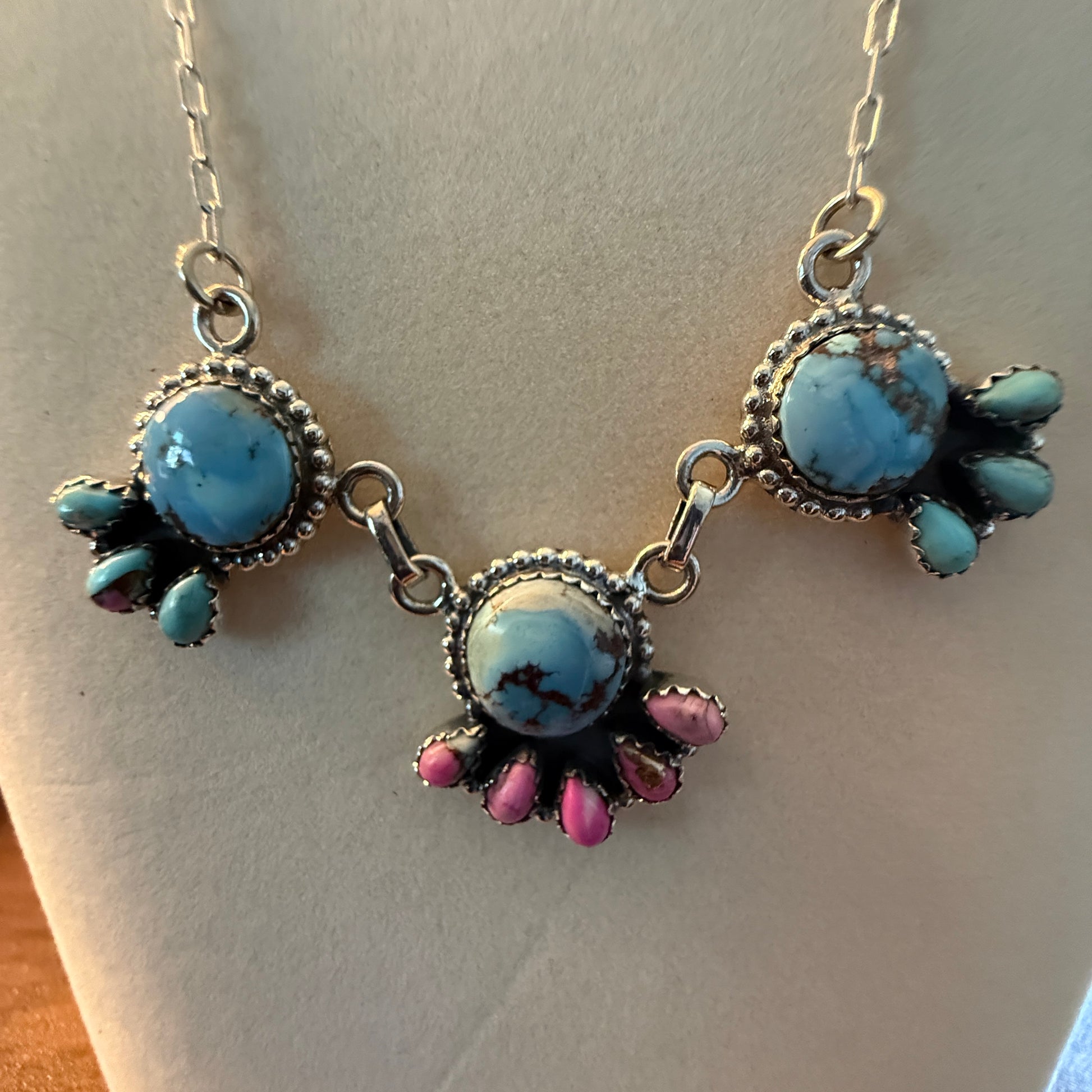 Handcrafted Cotton Candy Dahlia Gemstone Necklace Sterling Silver 16 Inch Chain Wild West Boho