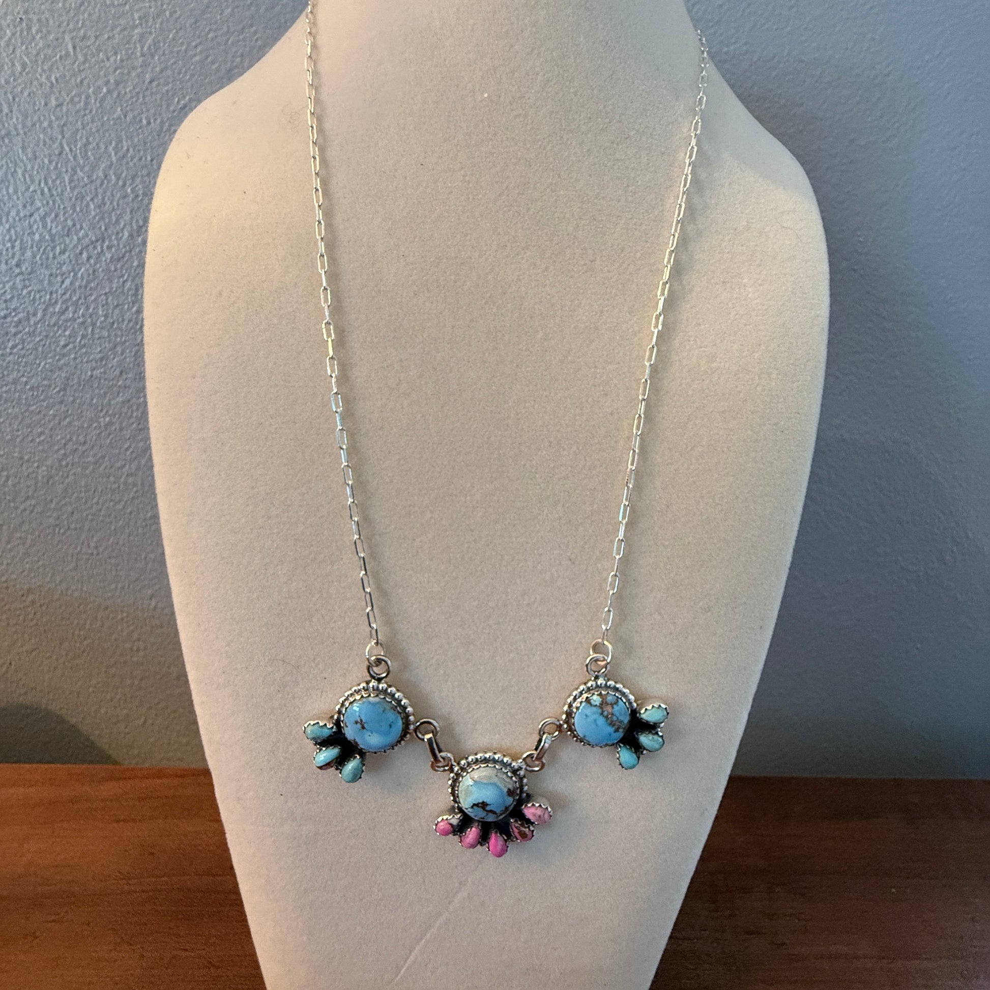 Handcrafted Cotton Candy Dahlia Gemstone Necklace Sterling Silver 16 Inch Chain Wild West Boho