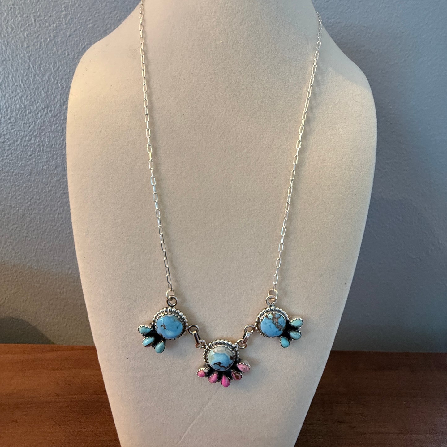 Handcrafted Cotton Candy Dahlia Gemstone Necklace Sterling Silver 16 Inch Chain Wild West Boho