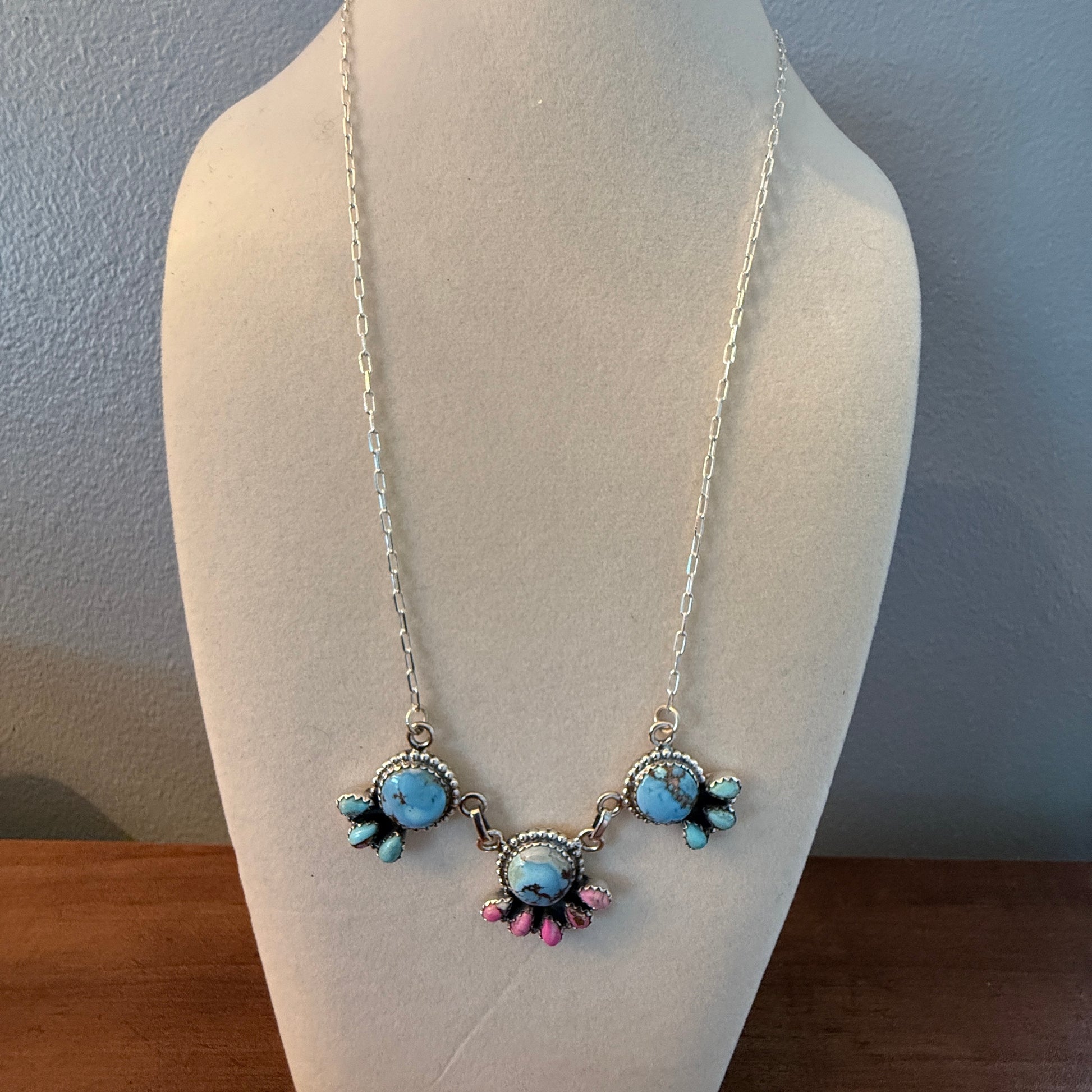 Handcrafted Cotton Candy Dahlia Gemstone Necklace Sterling Silver 16 Inch Chain Wild West Boho