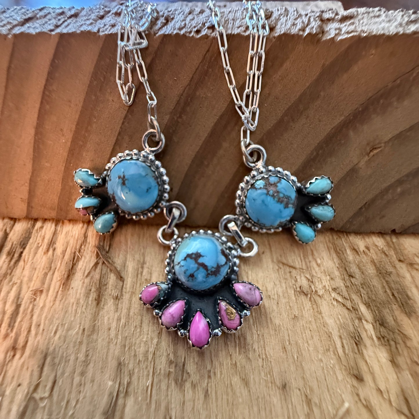 Handcrafted Cotton Candy Dahlia Gemstone Necklace Sterling Silver 16 Inch Chain Wild West Boho
