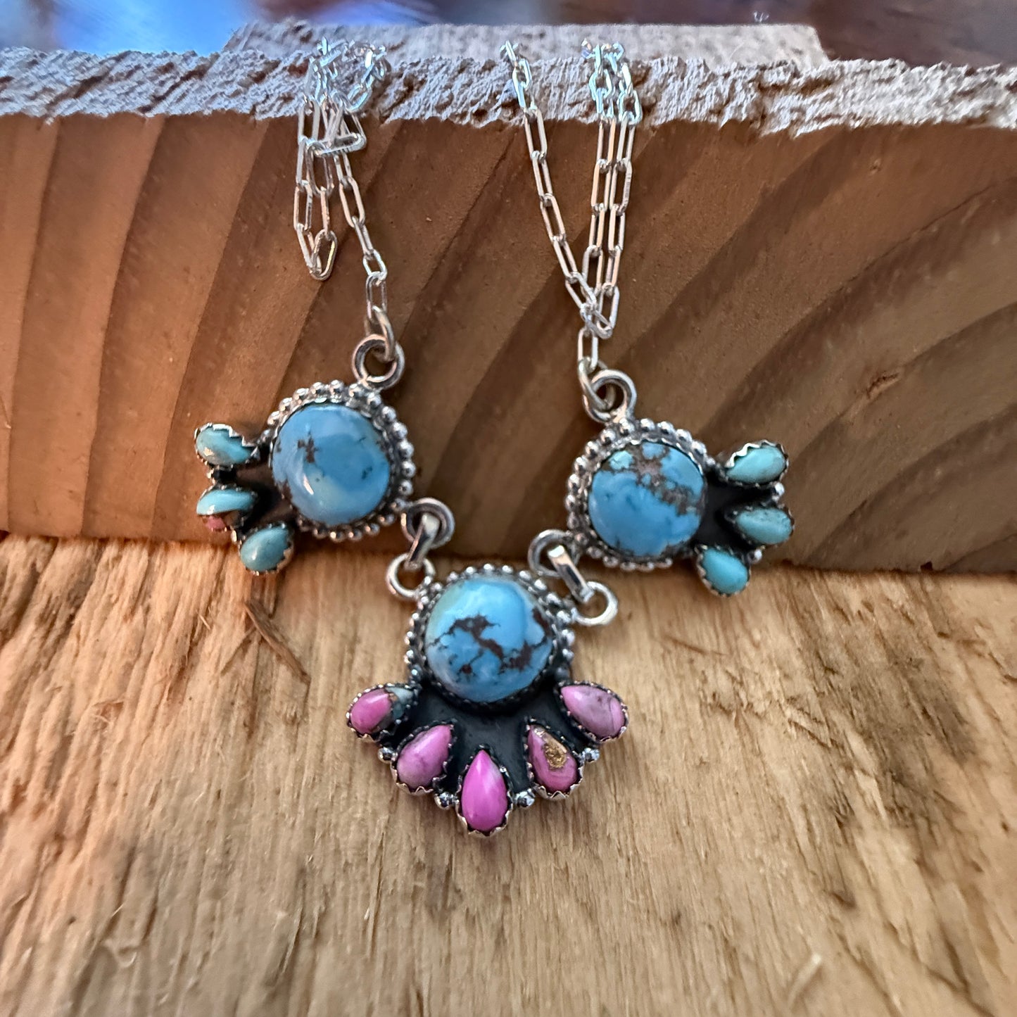 Handcrafted Cotton Candy Dahlia Gemstone Necklace Sterling Silver 16 Inch Chain Wild West Boho