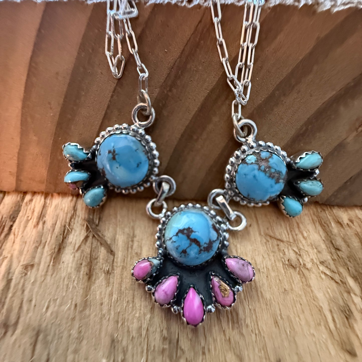 Handcrafted Cotton Candy Dahlia Gemstone Necklace Sterling Silver 16 Inch Chain Wild West Boho