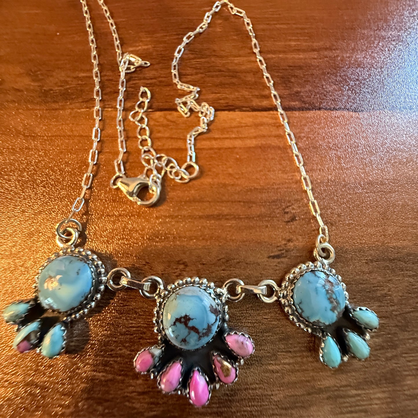 Handcrafted Cotton Candy Dahlia Gemstone Necklace Sterling Silver 16 Inch Chain Wild West Boho