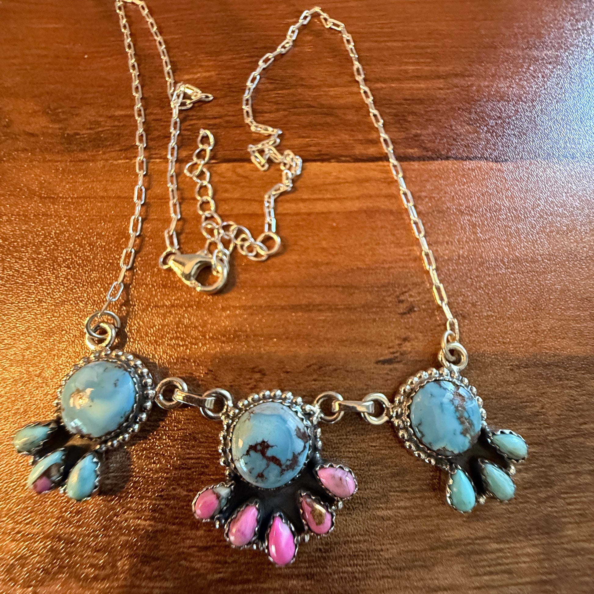 Handcrafted Cotton Candy Dahlia Gemstone Necklace Sterling Silver 16 Inch Chain Wild West Boho