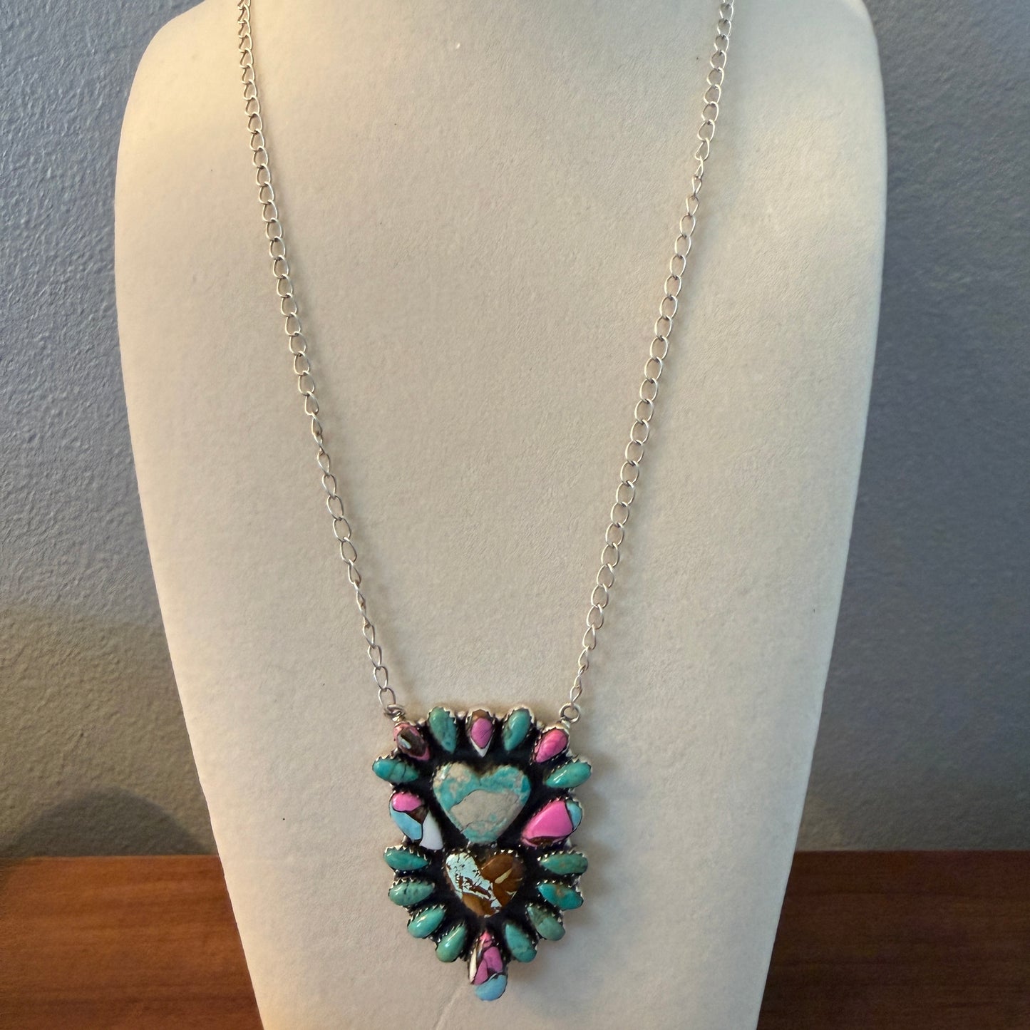 Handcrafted Cotton Candy Dahlia Gemstone Double Heart Necklace 16 Inch Wild West Boho