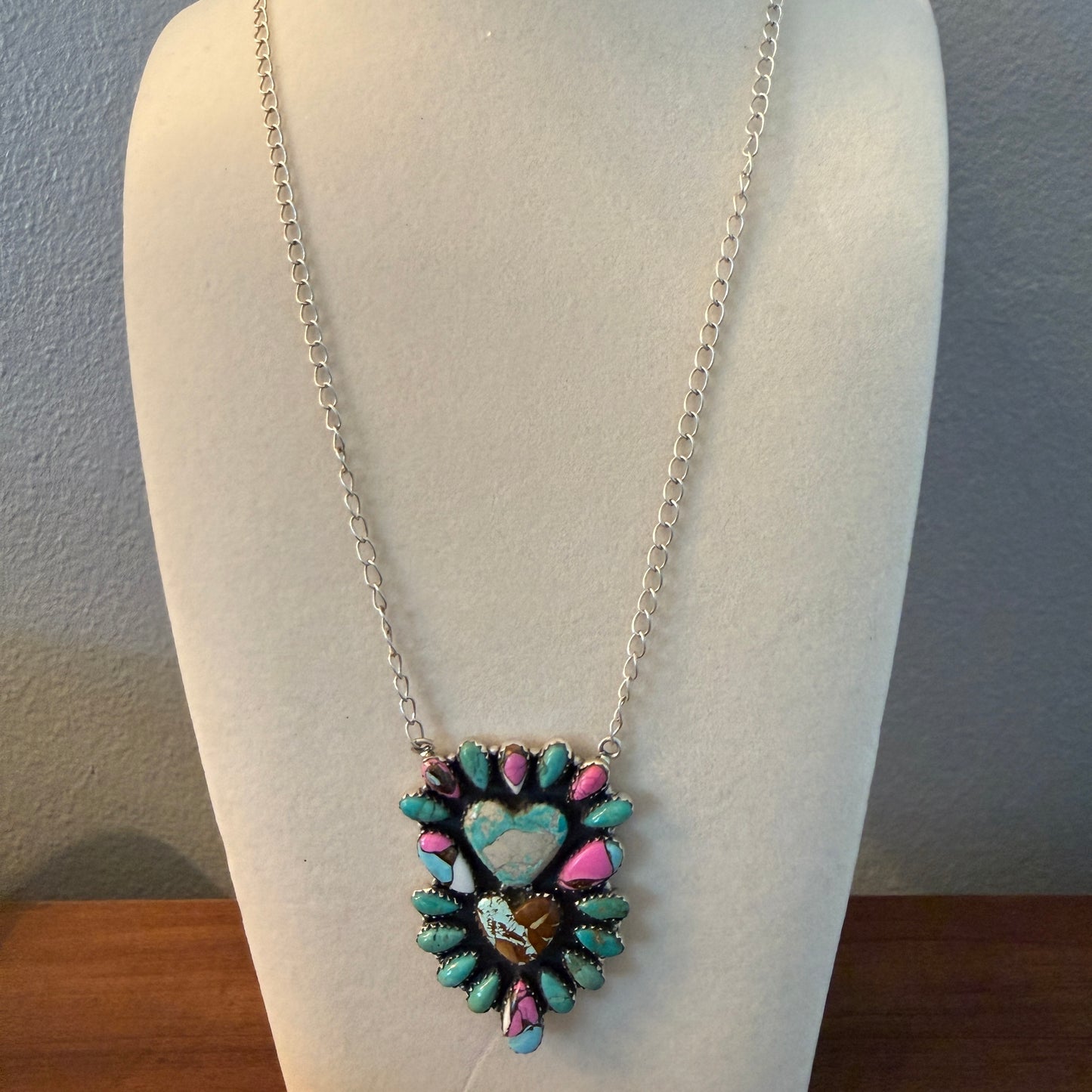 Handcrafted Cotton Candy Dahlia Gemstone Double Heart Necklace 16 Inch Wild West Boho