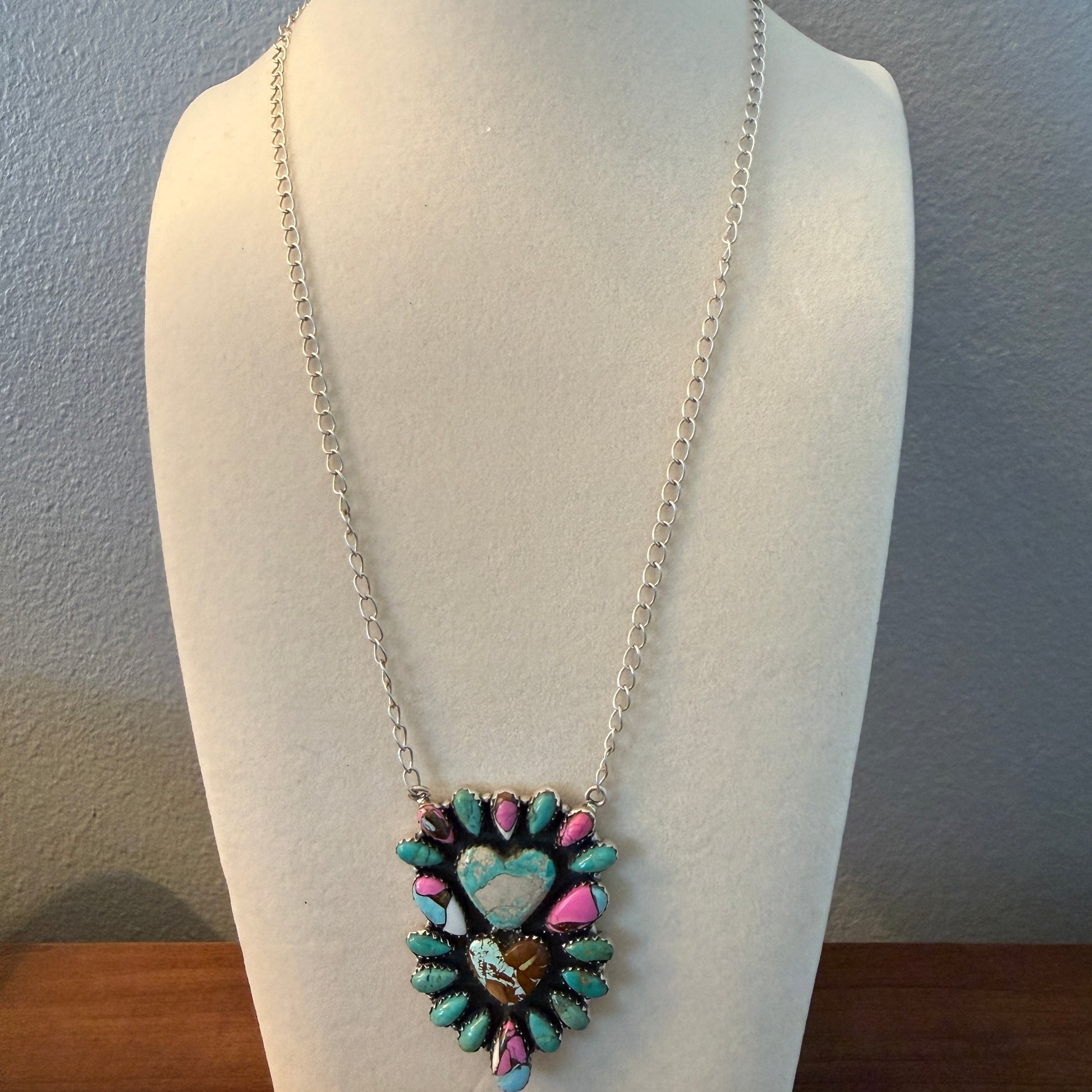 Handcrafted Cotton Candy Dahlia Gemstone Double Heart Necklace 16 Inch Wild West Boho