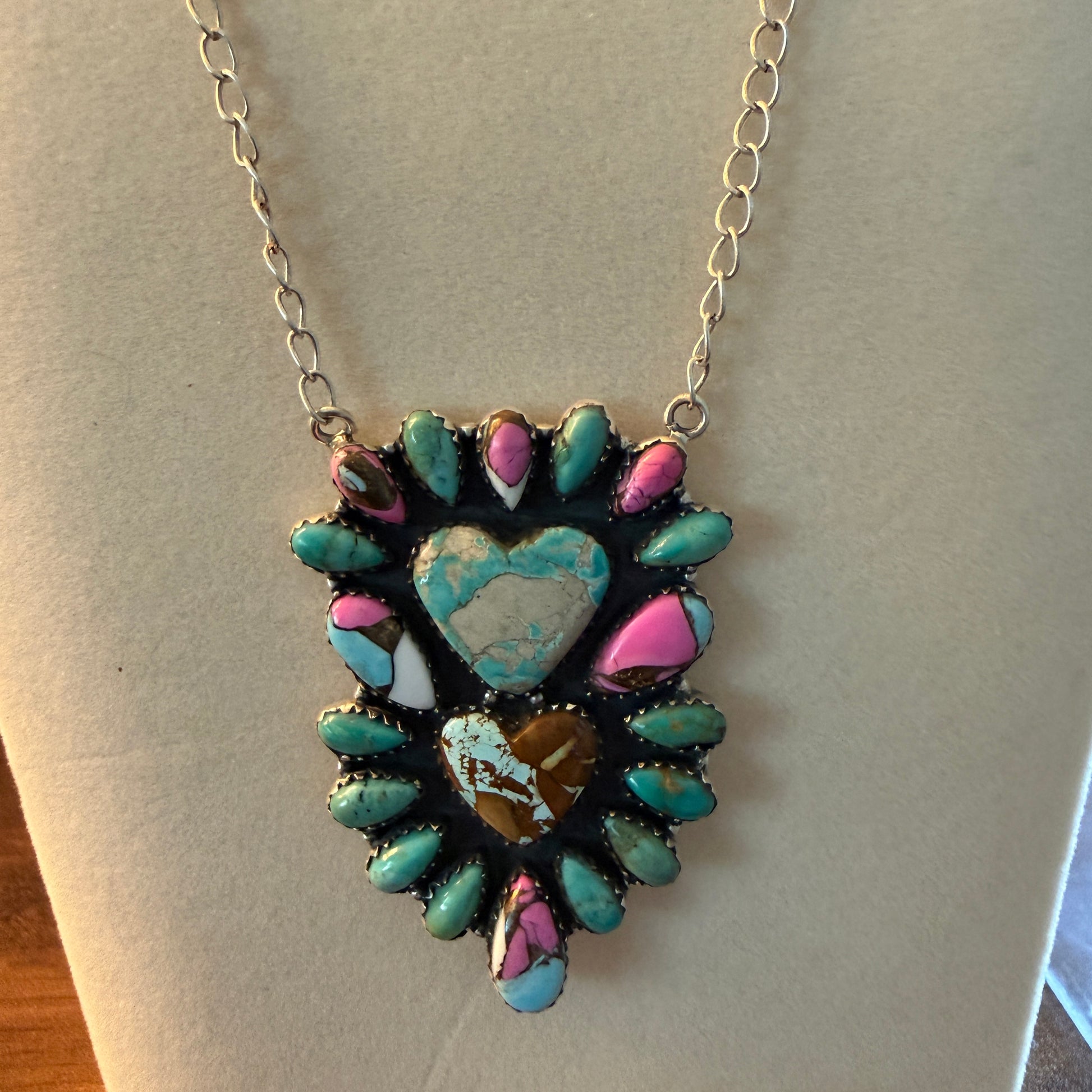 Handcrafted Cotton Candy Dahlia Gemstone Double Heart Necklace 16 Inch Wild West Boho