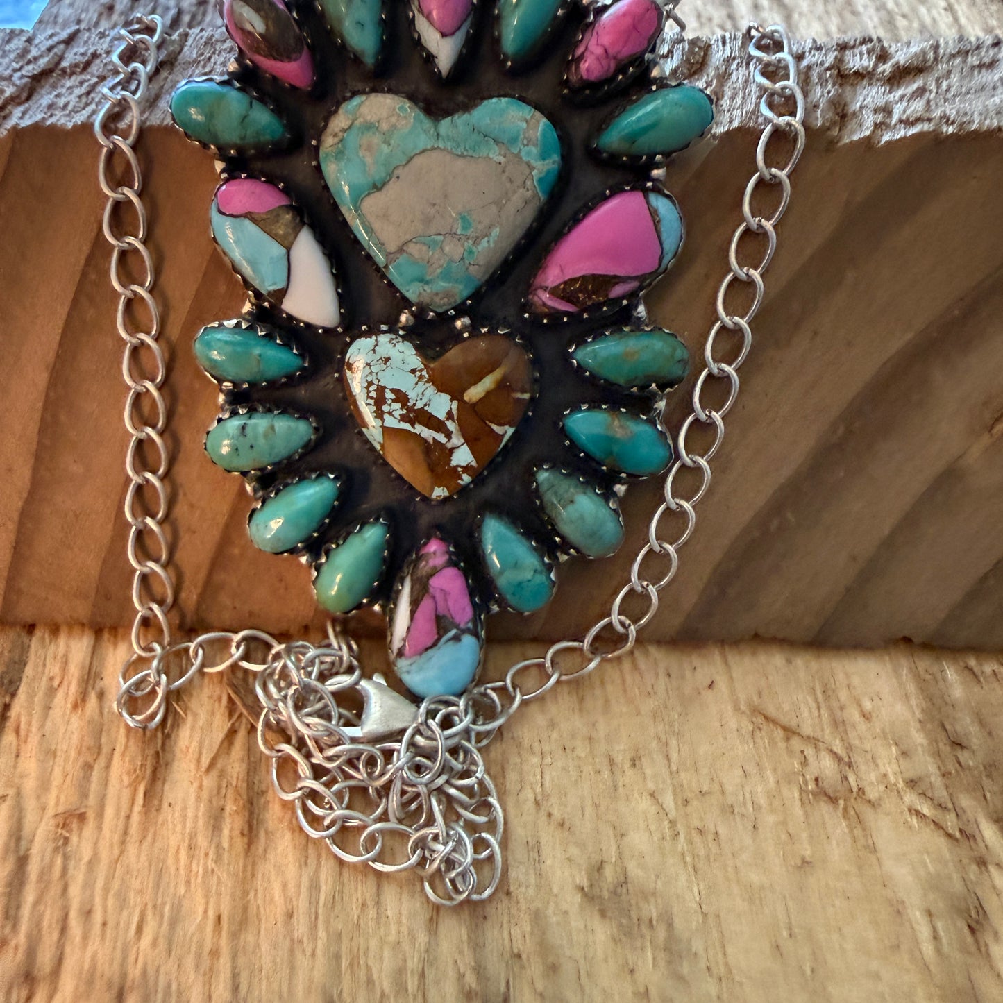 Handcrafted Cotton Candy Dahlia Gemstone Double Heart Necklace 16 Inch Wild West Boho